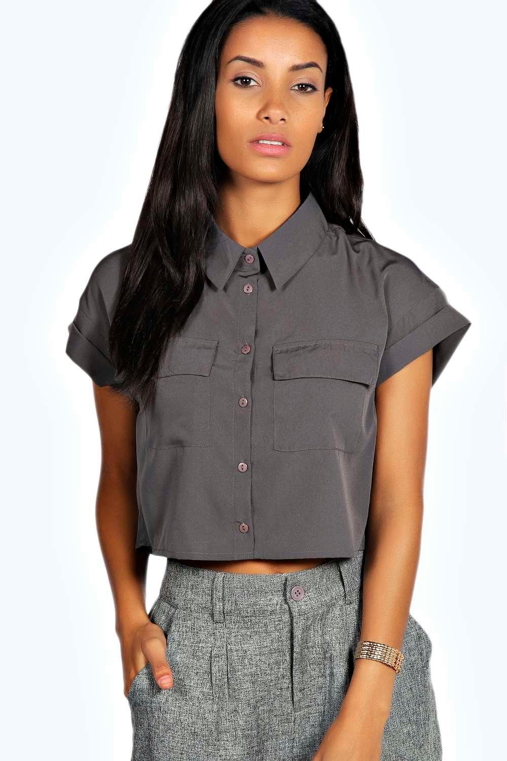 Boohoo Womens Alissa Pocket Super Crop Shirt