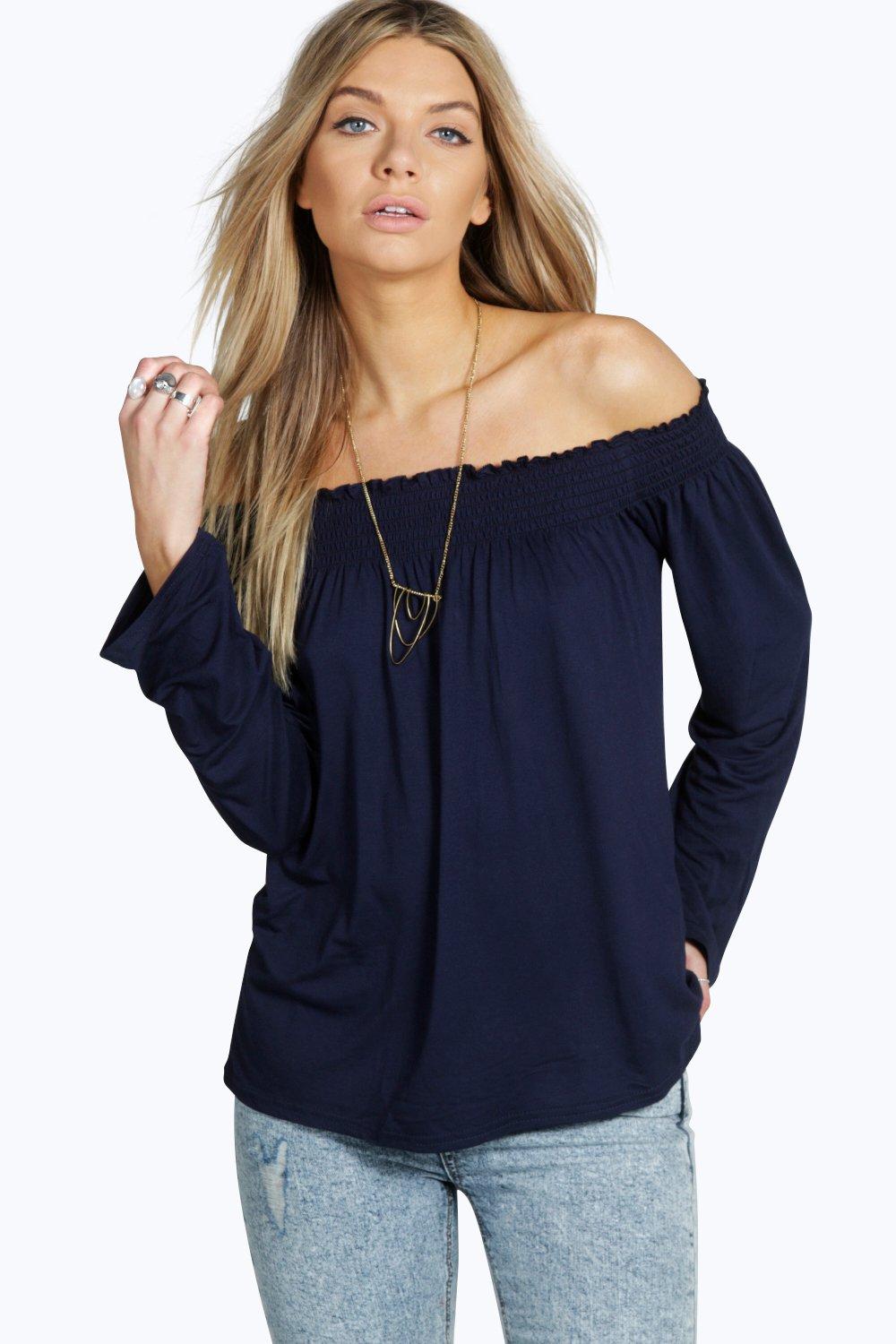 Boohoo Womens Ladies Kylie Shirred Off The Shoulder Top Long Sleeve ...