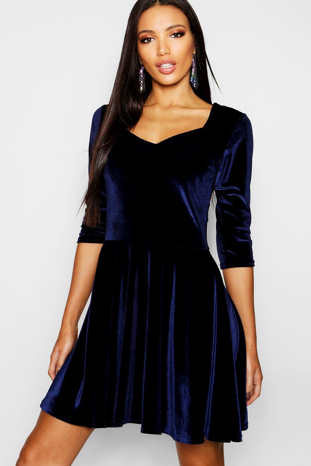 Boohoo Womens Lara Velvet Sweetheart Neck Skater Dress | eBay