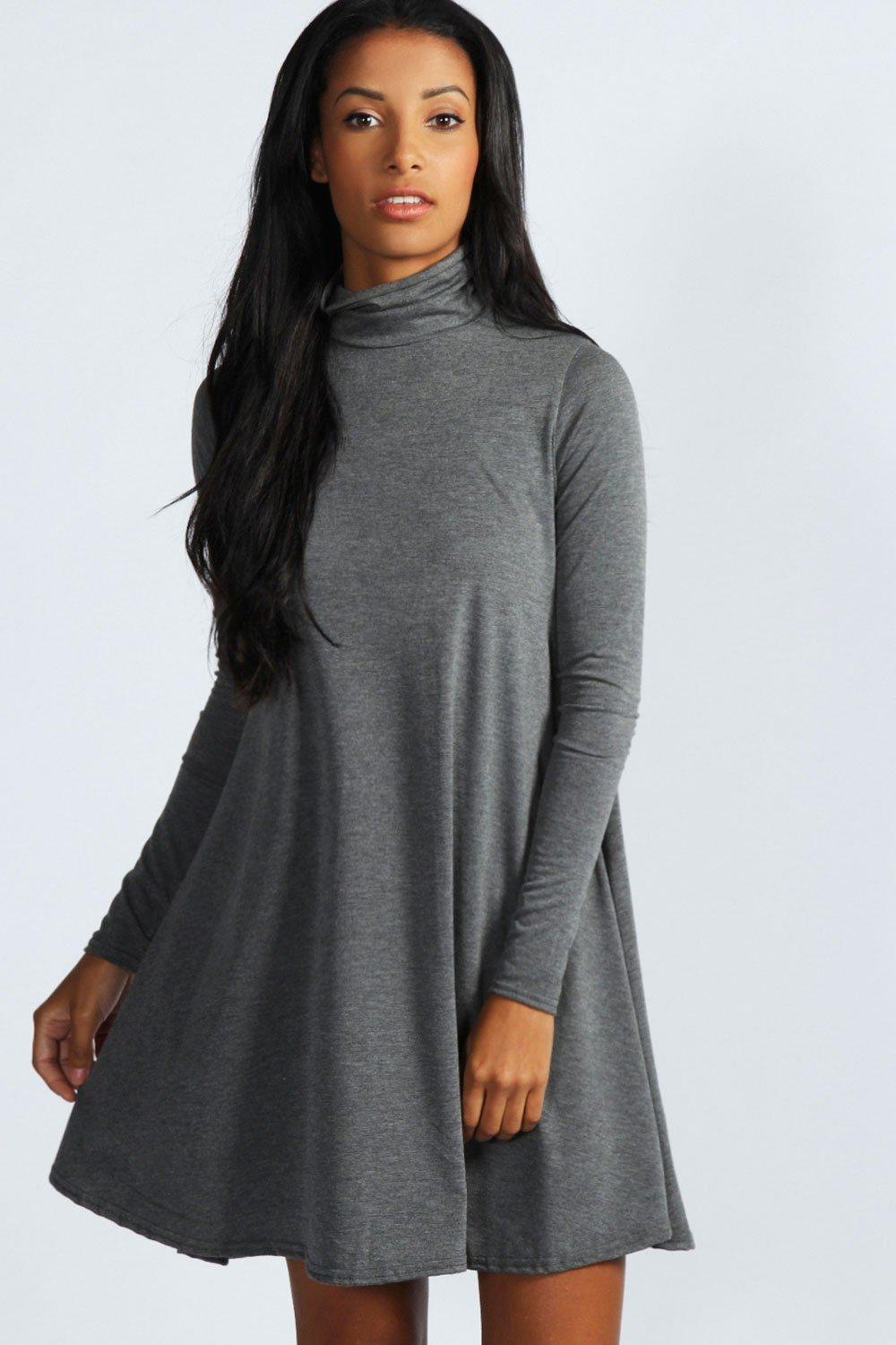 high neck long sleeve swing dress