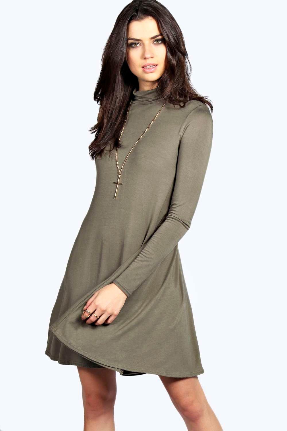 Faye Turtle Neck Long Sleeve Swing Dress at boohoo.com