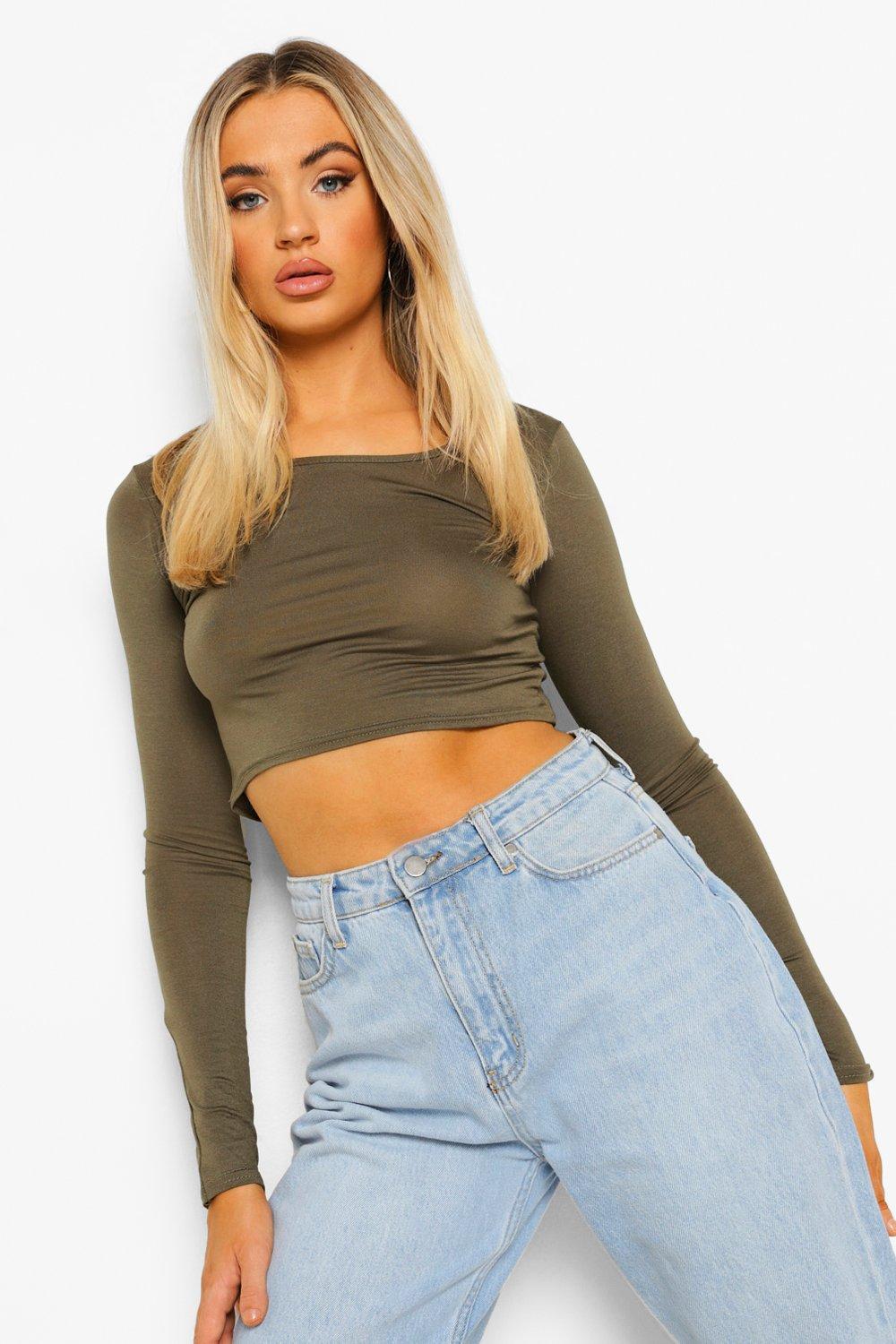 

Базовый Укороченный топ с длинными рукавами, Khaki