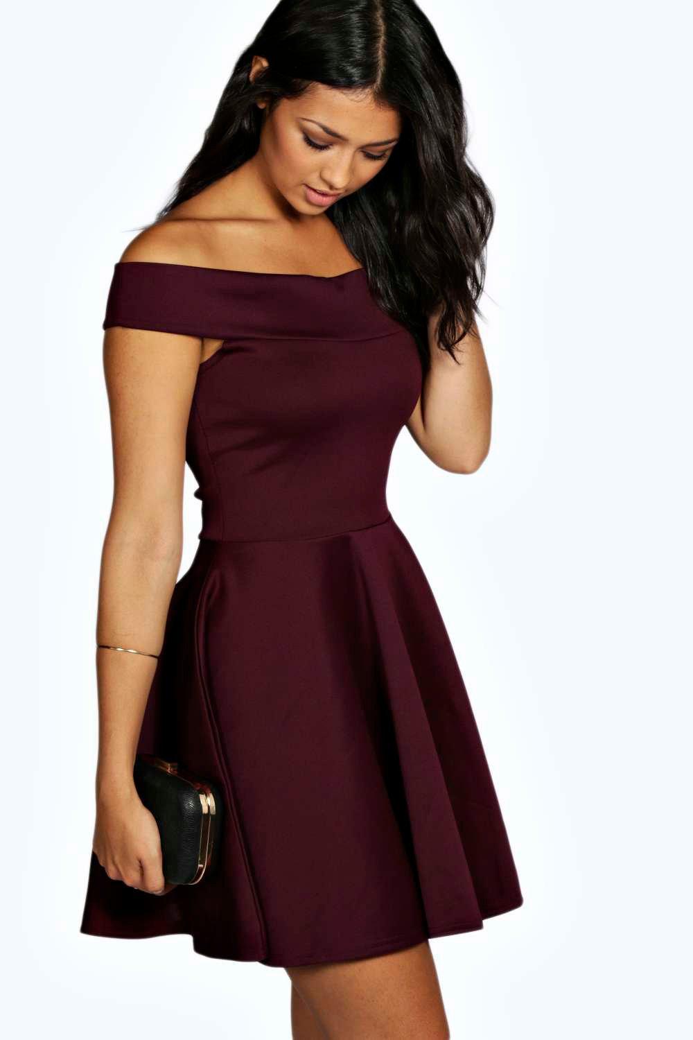 boohoo off shoulder skater dress