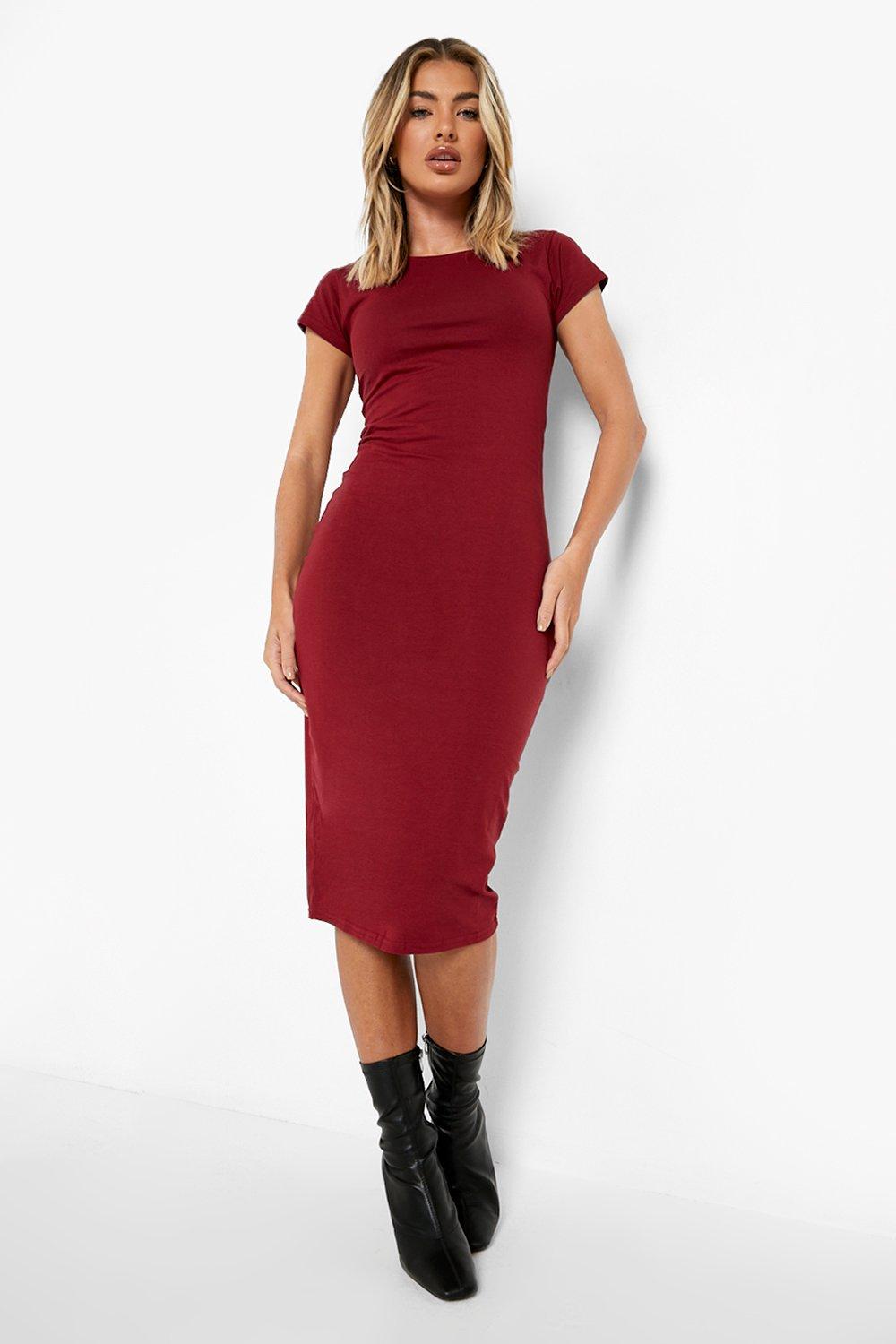 cap sleeve jersey bodycon midi dress