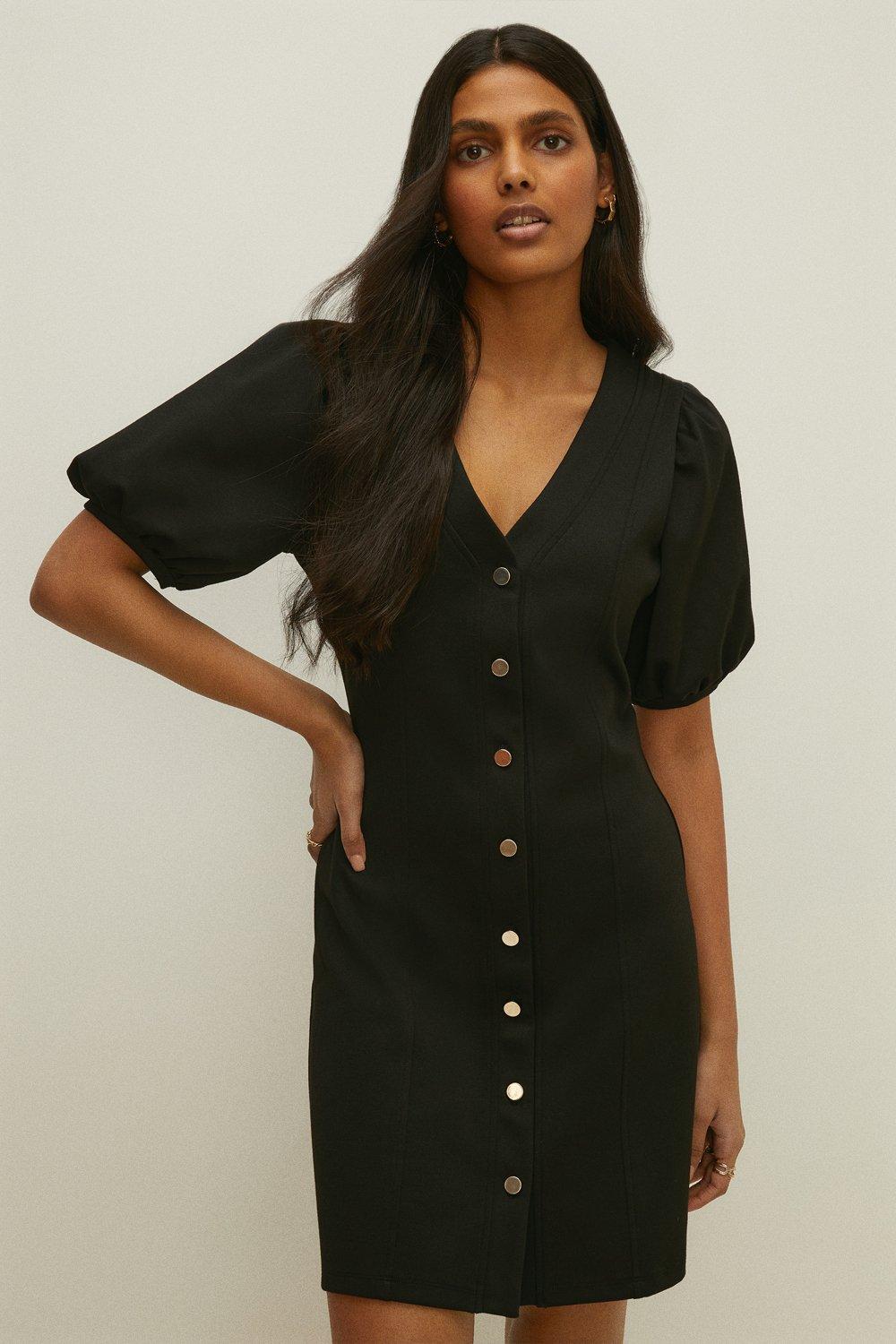 Button Front Puff Sleeve Ponte Dress