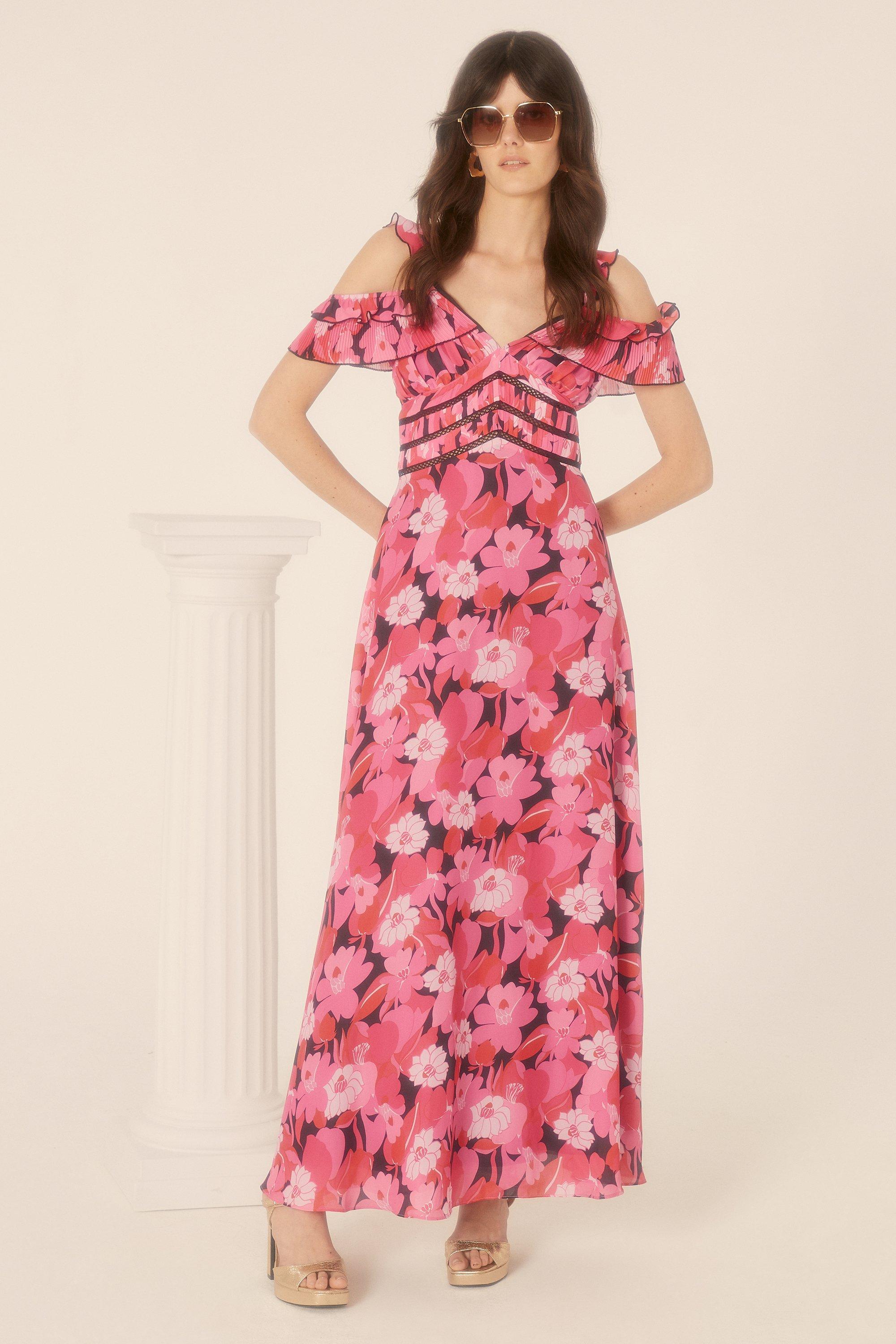 Pop Floral Frill Lace Trim Midaxi Dress