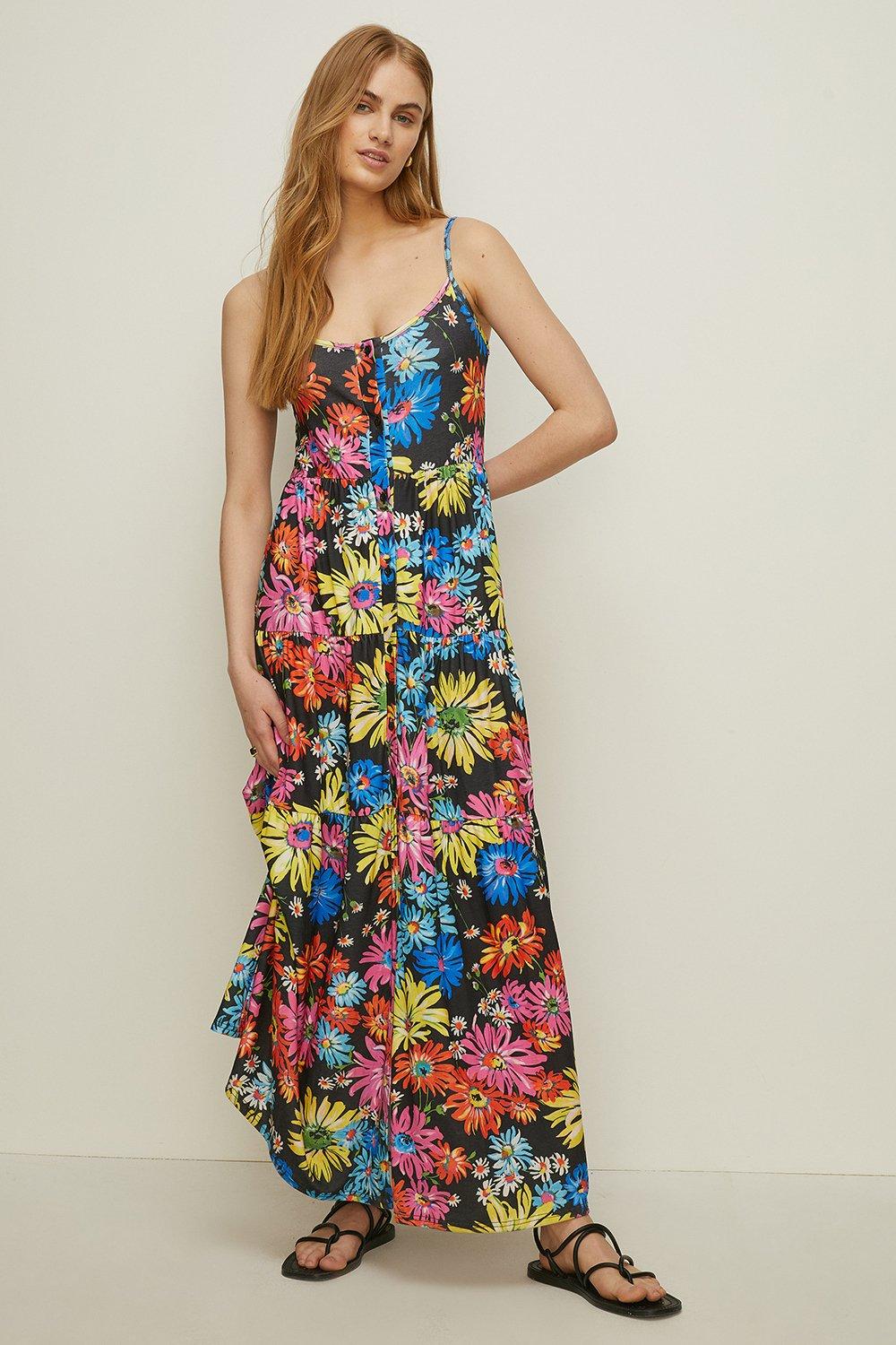 Floral Print Button Front Tiered Maxi Dressmulti