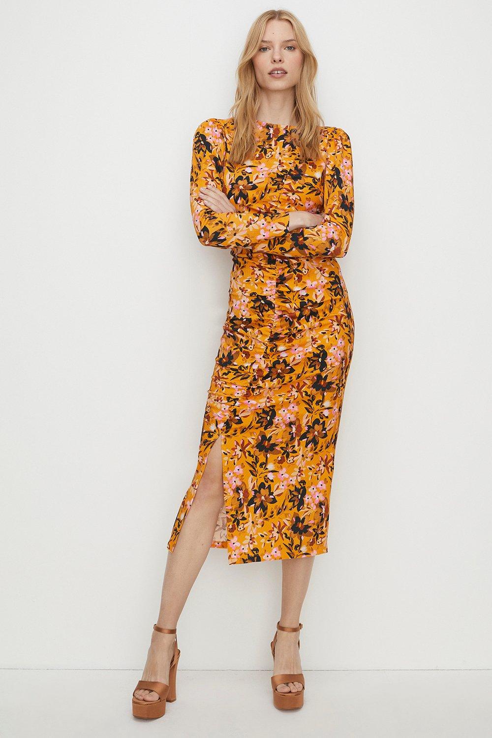 Floral Crinkle Gathered Front Detail Midi Dressyellow