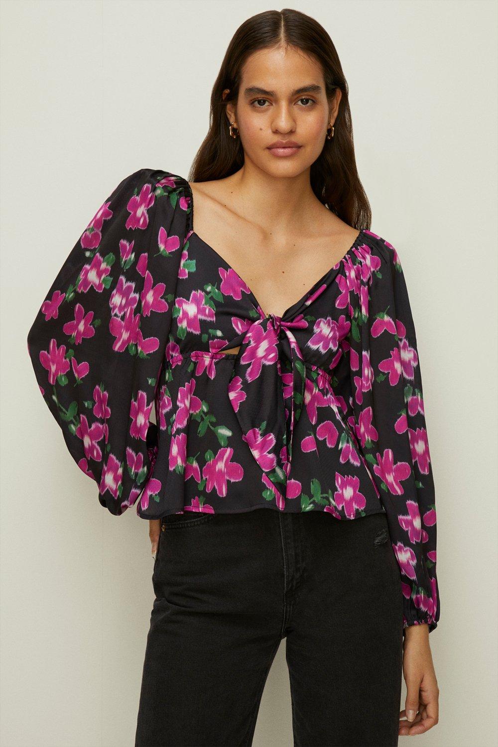 Dobby Satin Floral Tie Front Top
