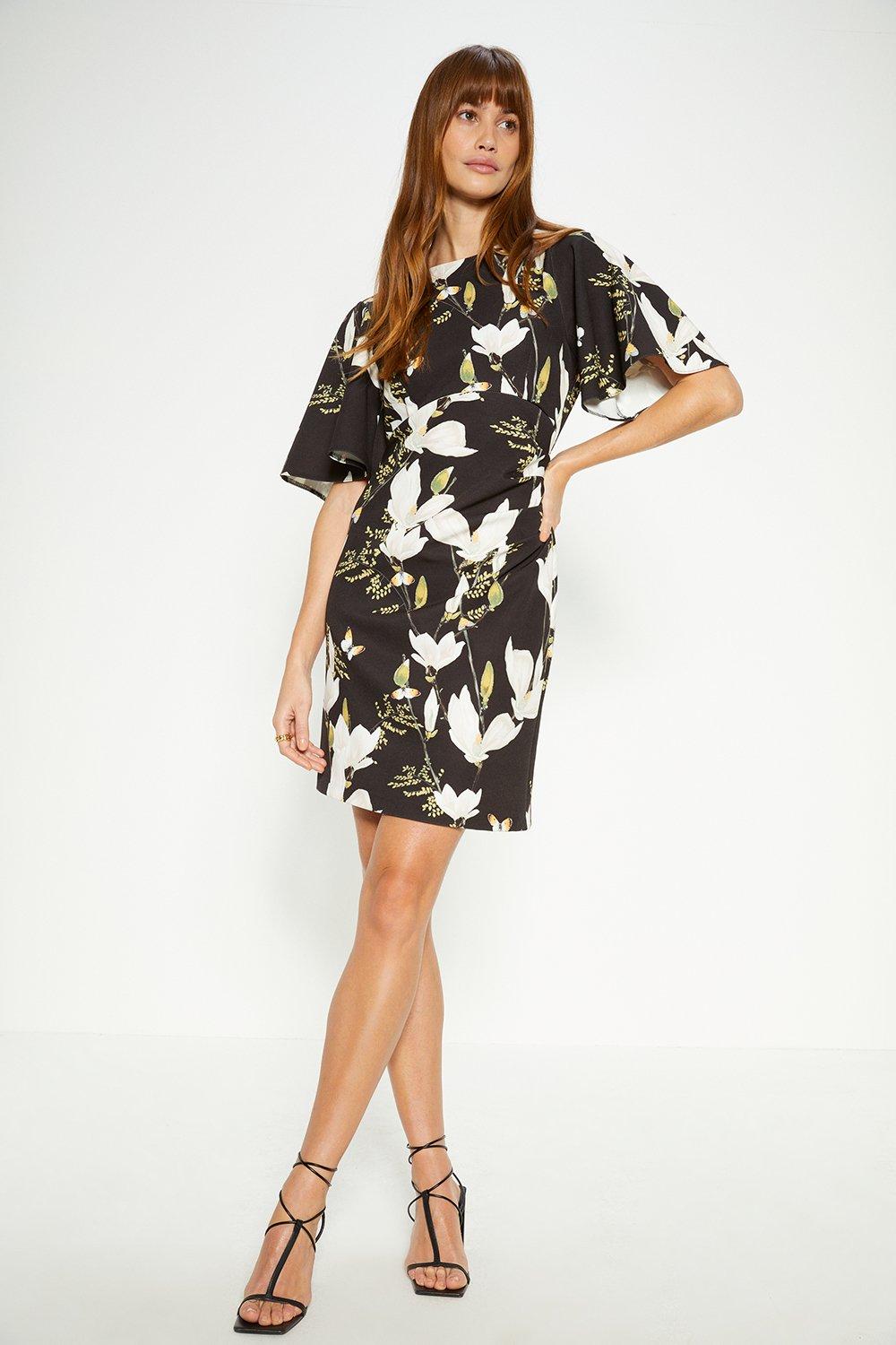Floral Printed Crepe Flare Sleeve Tailored Dress