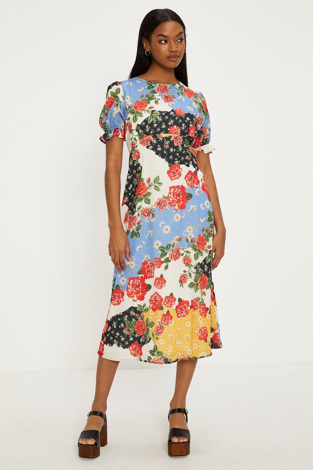Short Sleeve Floral Print Midi Tea Dress