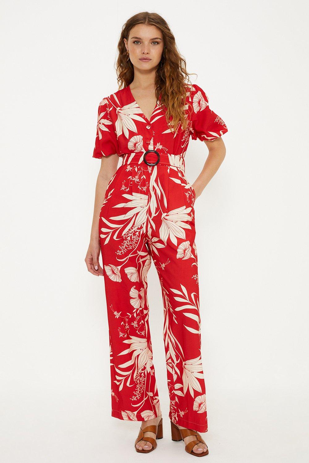 Floral Print Puff Sleeve Belted Jumpsuit
