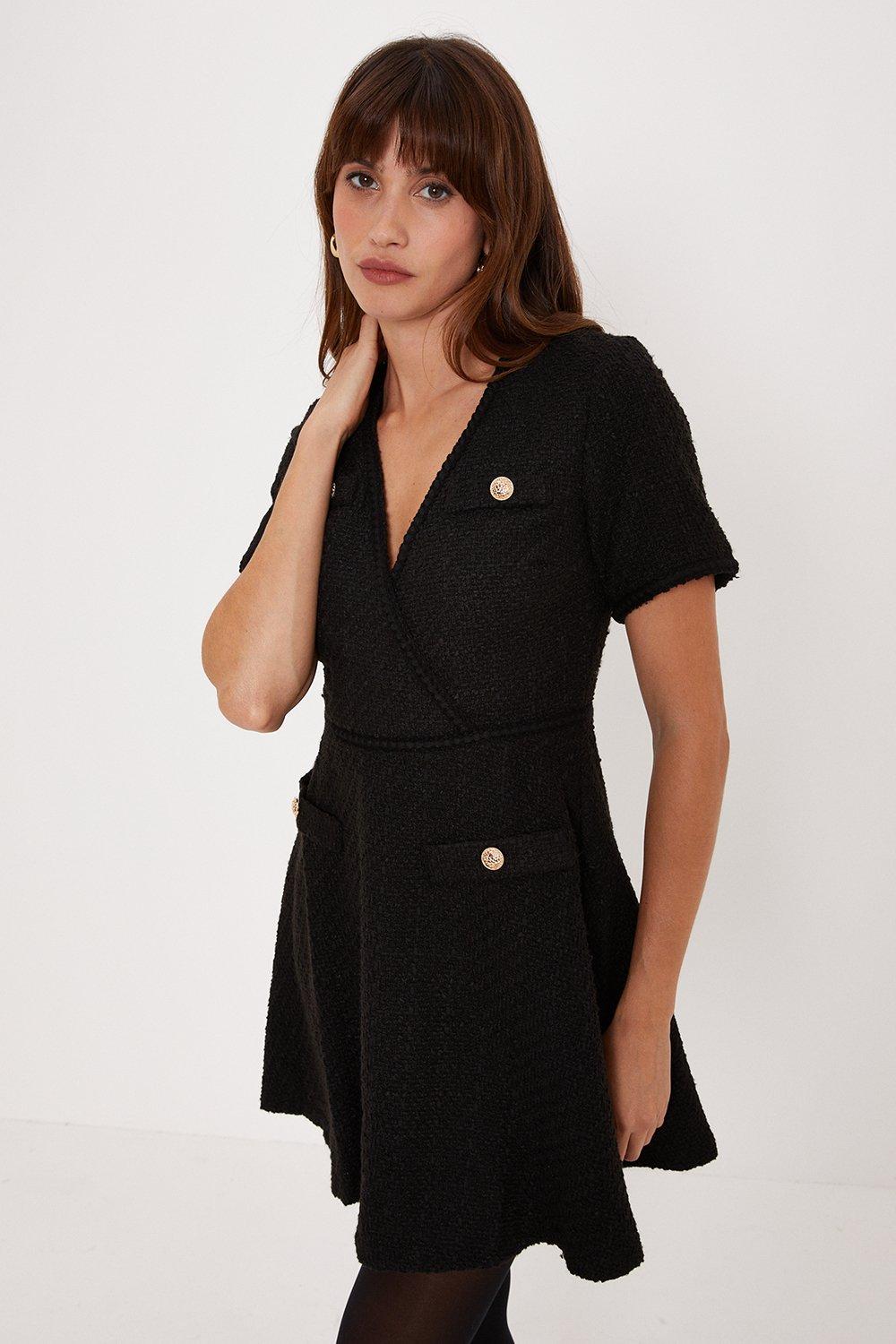 Tweed Wrap Pocket Detail Mini Dress