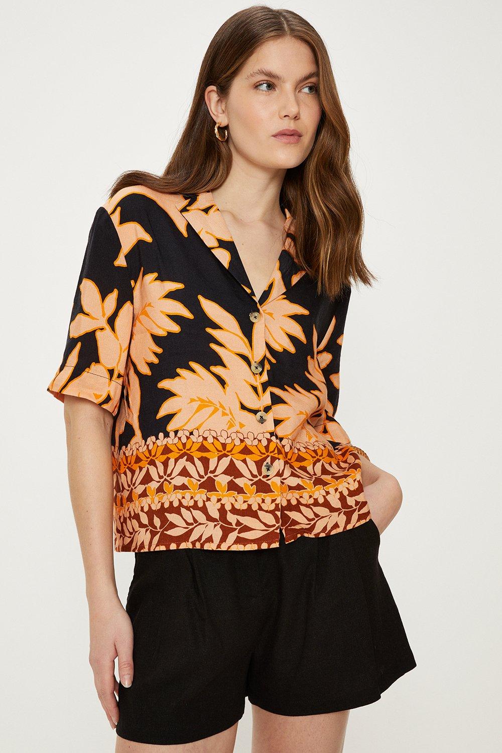 Linen Mix Border Palm Print Resort Shirt