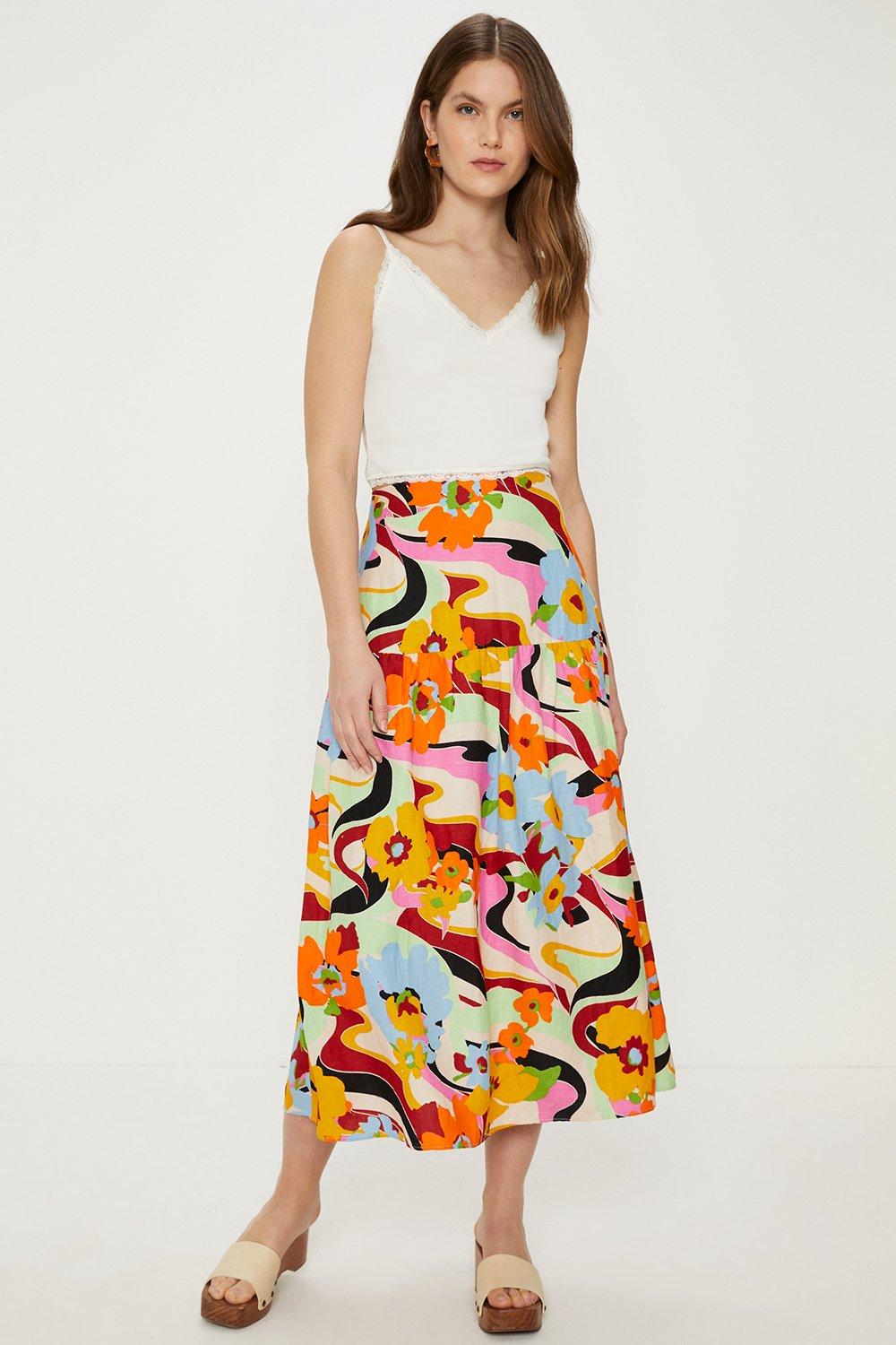 Linen Mix Floral Print Midi Skirt