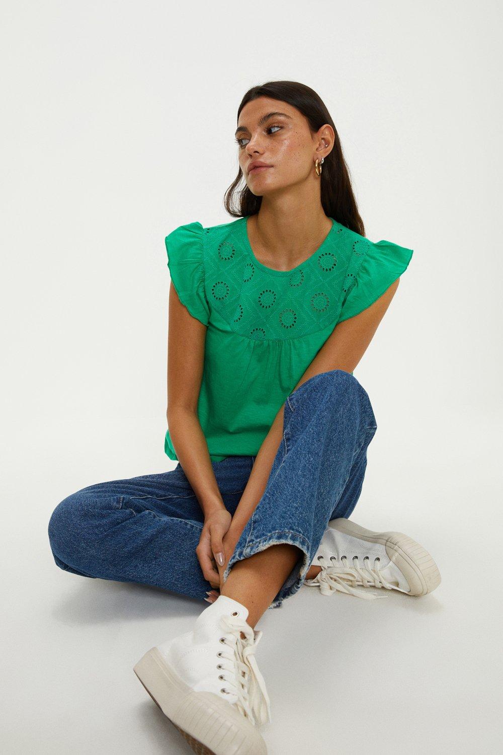 Broderie Yoke And Frill Sleeve Topgreen