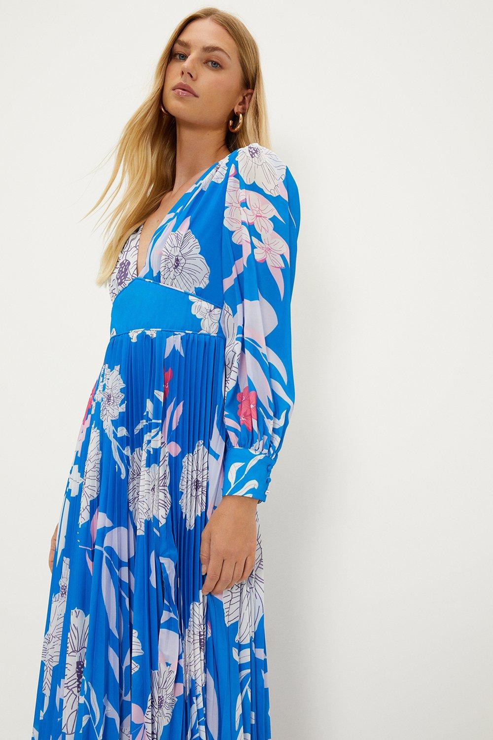 Statement Floral Tie Back Pleated Maxi Dressblue