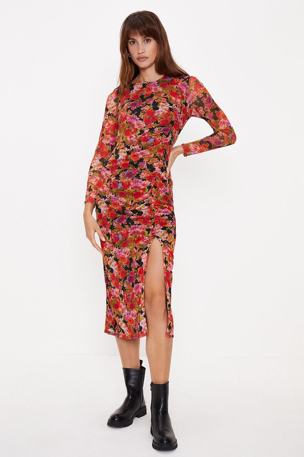 Abstract Print Mesh Ruched Front Midi Dress