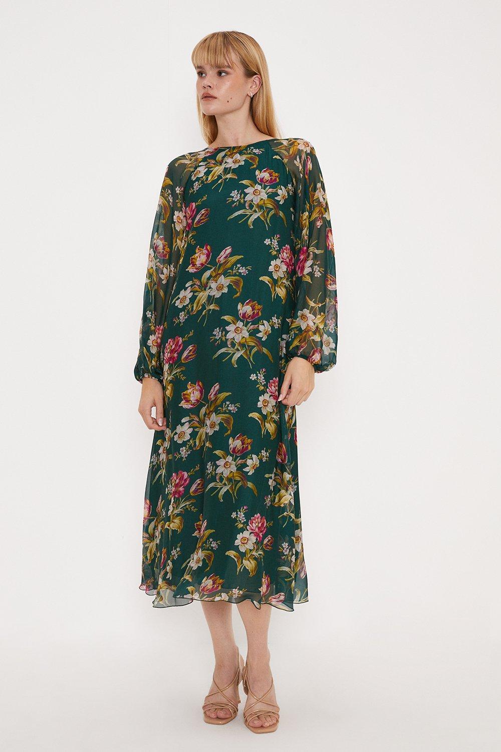 Romantic Floral Silk Mix Volume Sleeve Midi Dress