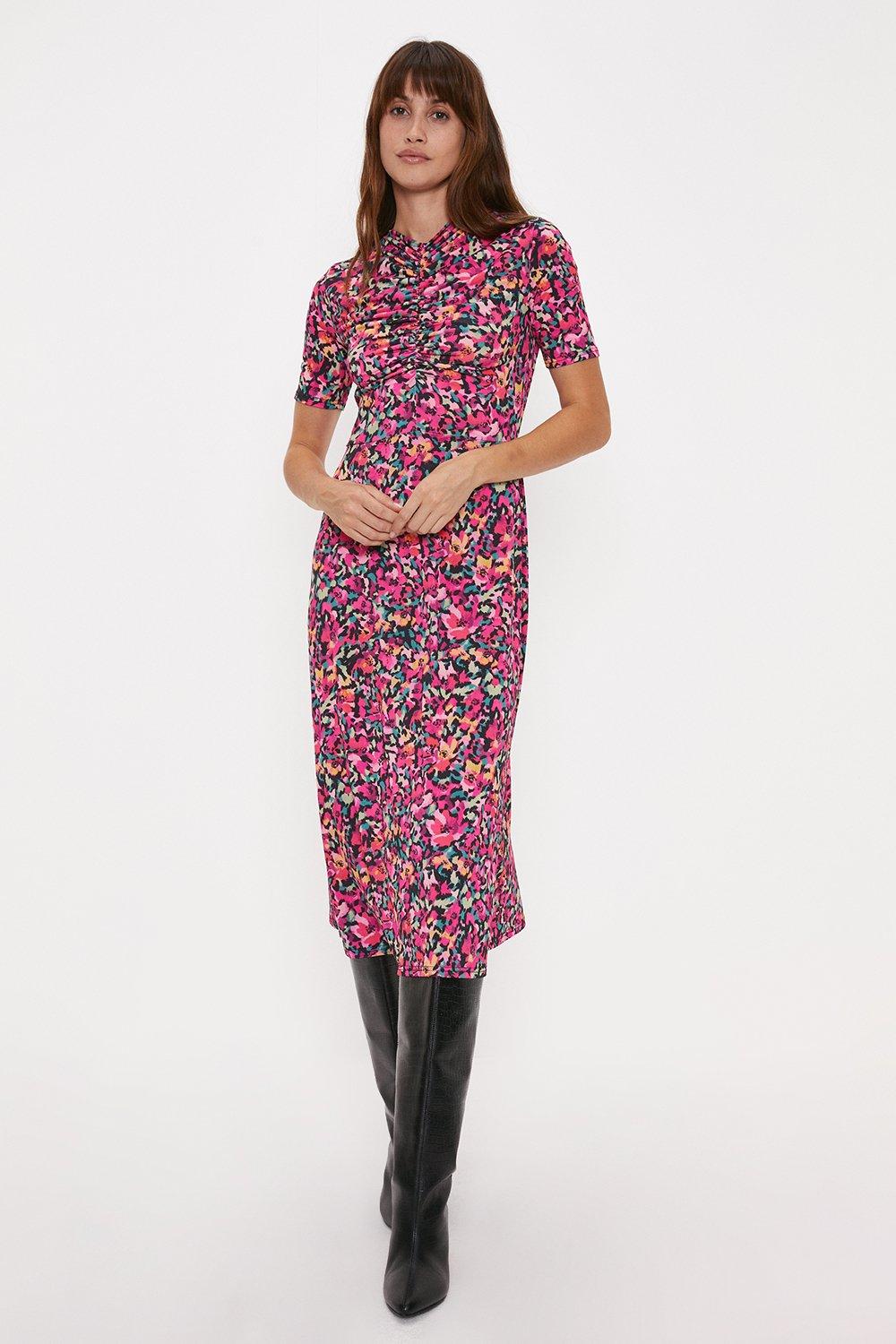 Painted Floral Ruched Front Midi Dress