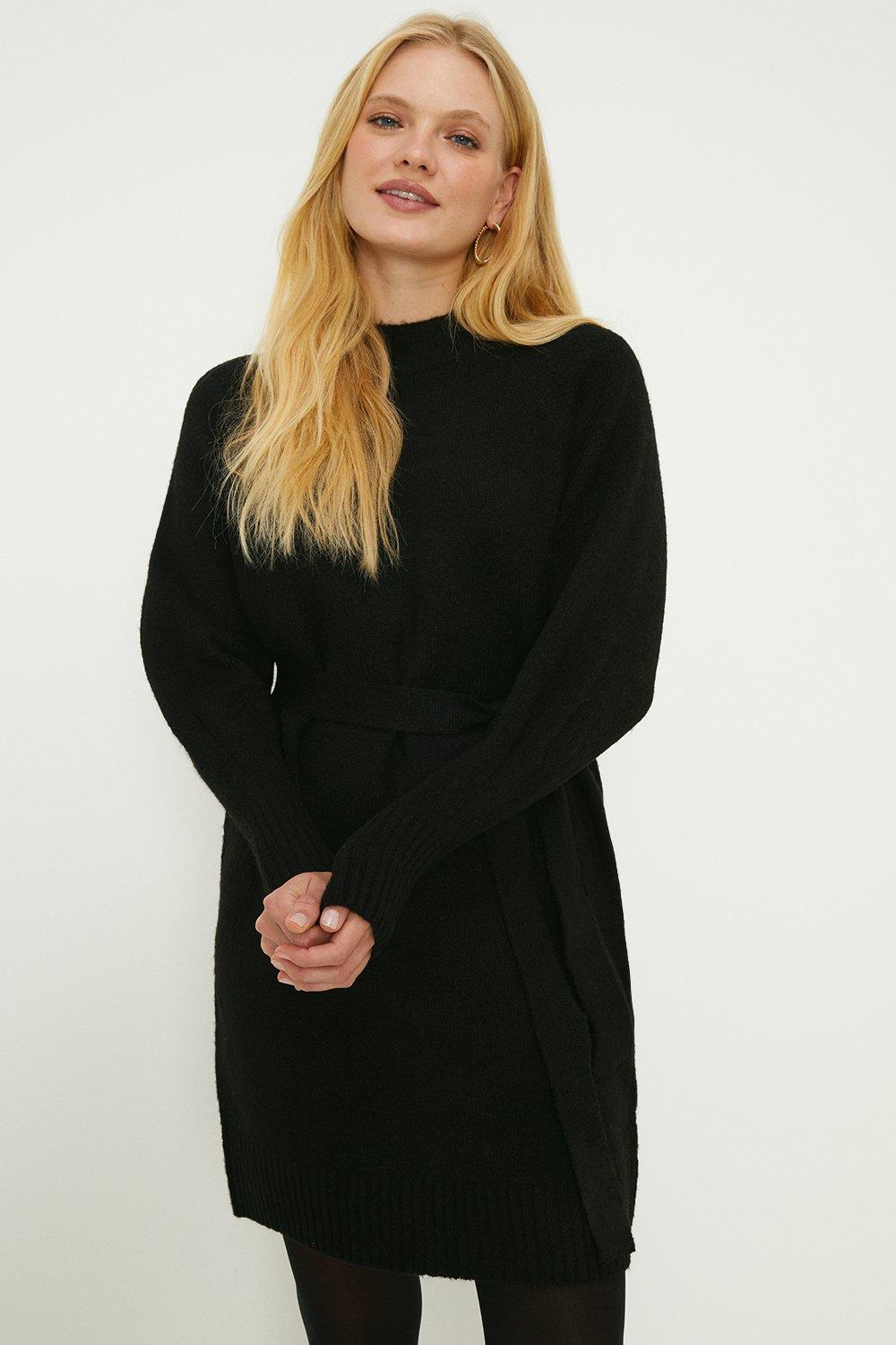 Belted Buckle Detail Cosy Roll Neck Mini Dressblack