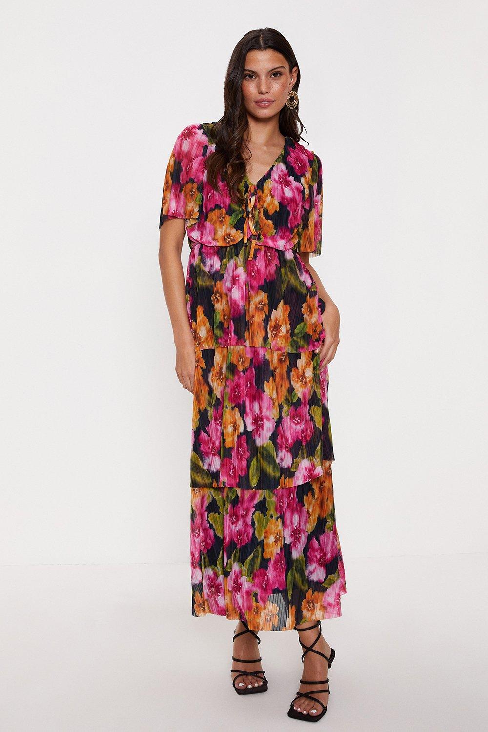 Blurred Floral Plisse Angel Sleeve Midi Dress