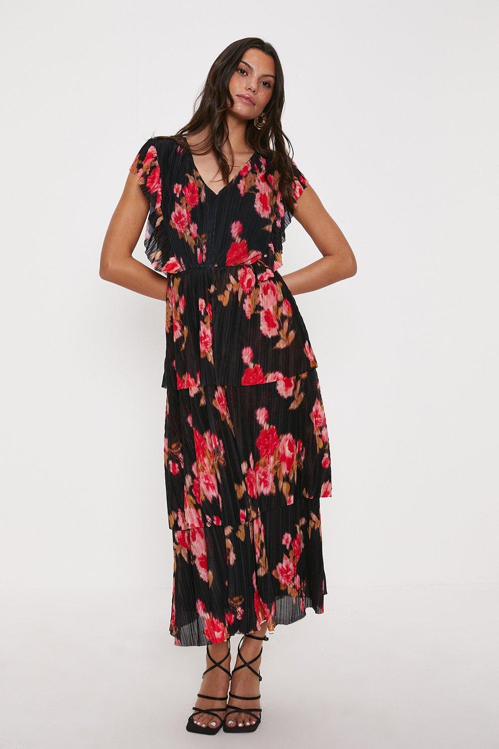 Red Floral Plisse Frill Sleeve Detail Tiered Midi Dress