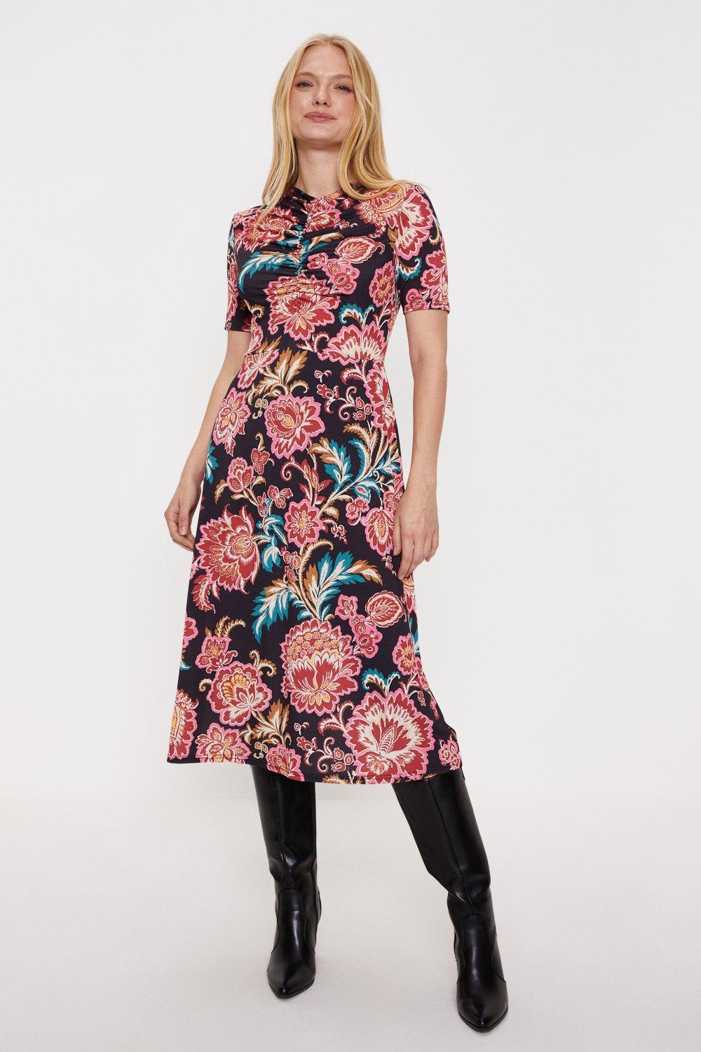 Petite Large Floral Ruched Front Midi Dress