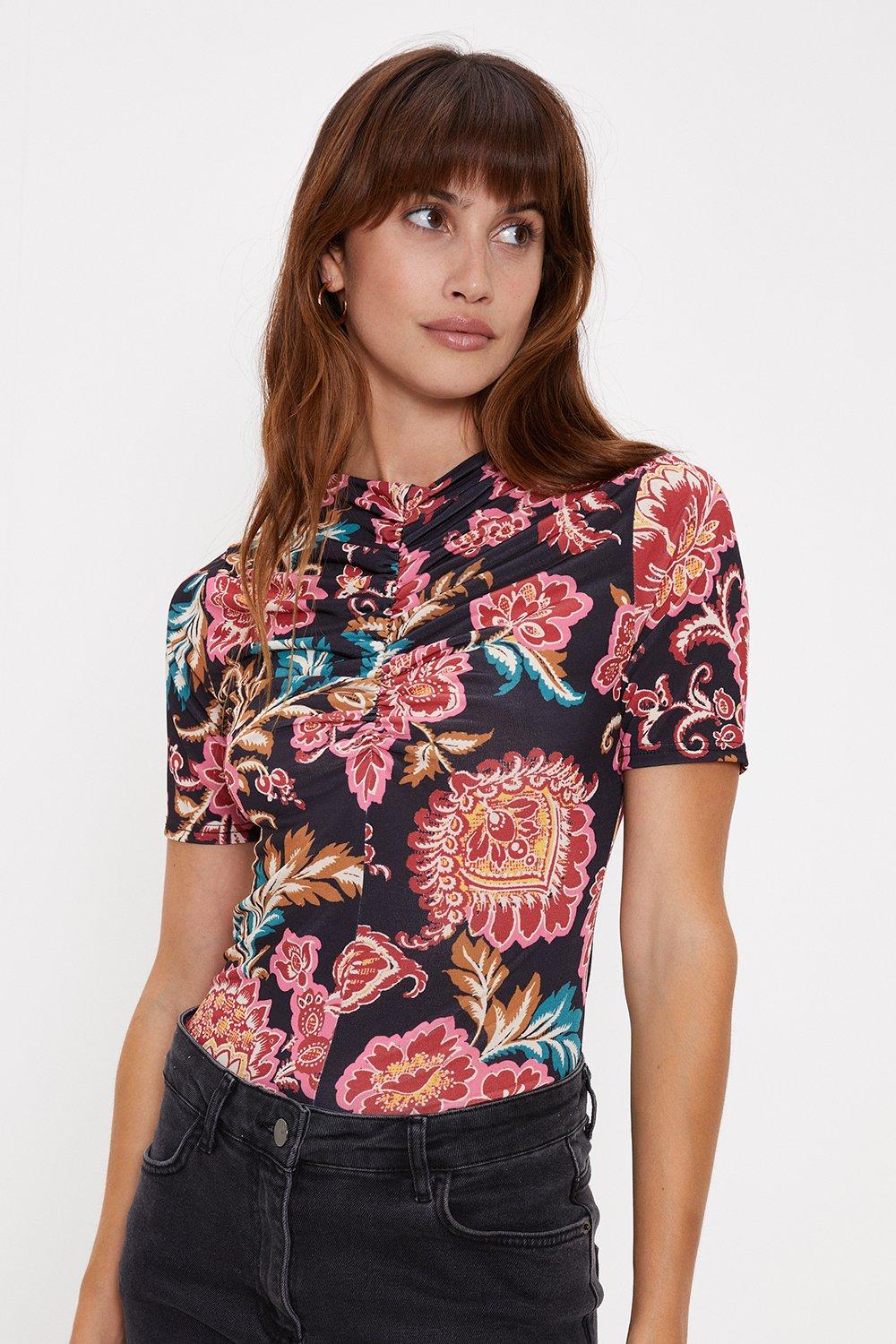 Petite Large Floral  Ruched Front Top