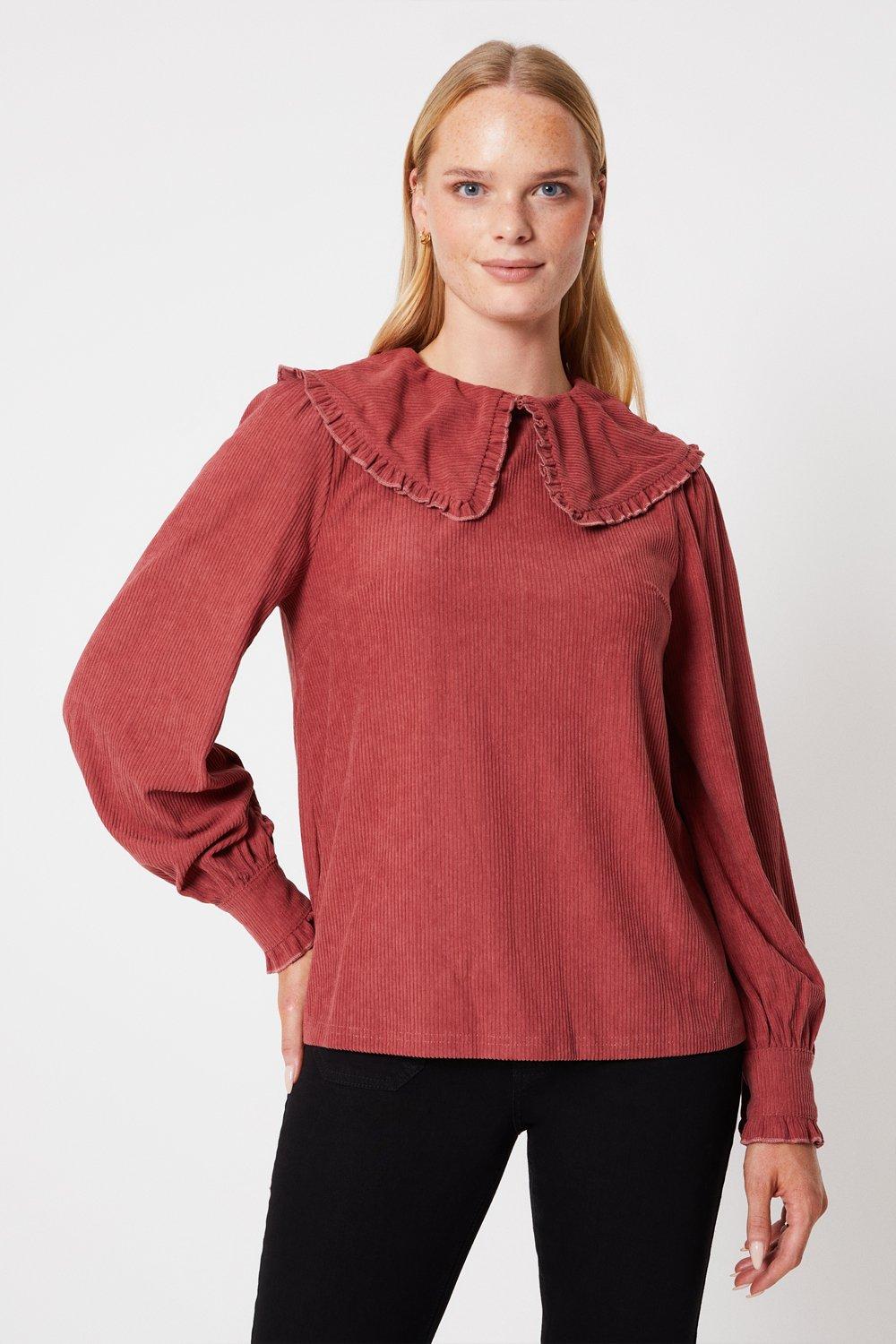 Cord Long Sleeve Collared Button Toprose
