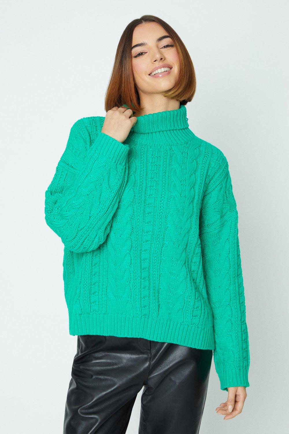 Cable Knit Funnel Neck Cosy Jumpergreen