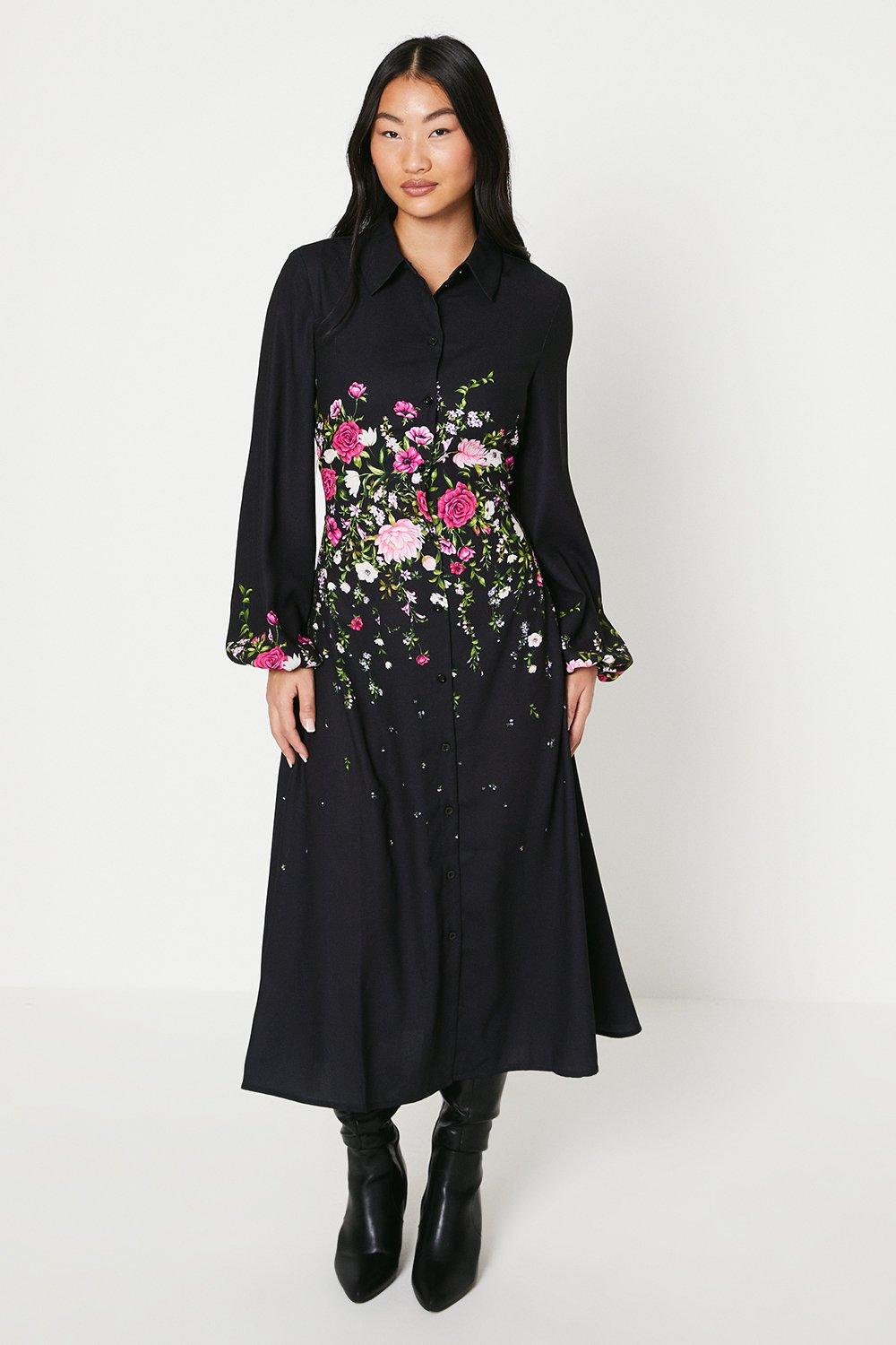 Petite Floral Placement Print Midi Shirt Dress