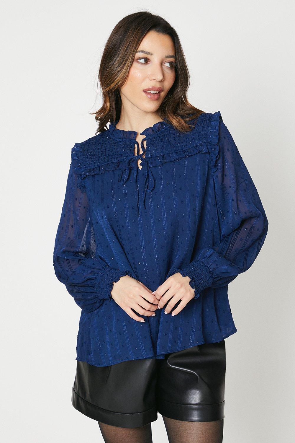 Tie Neck Shirred Front Long Sleeve Top