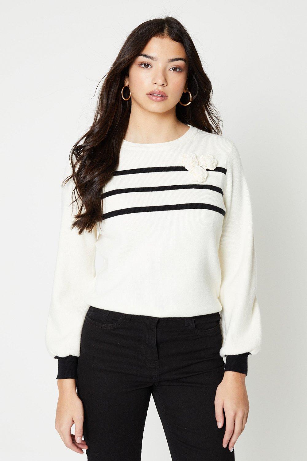 Striped Sweater With Corsage Detail