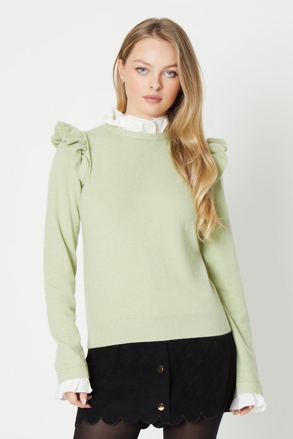 Ruffle Shoulder Jumper With Frill Neck & Cuffsage