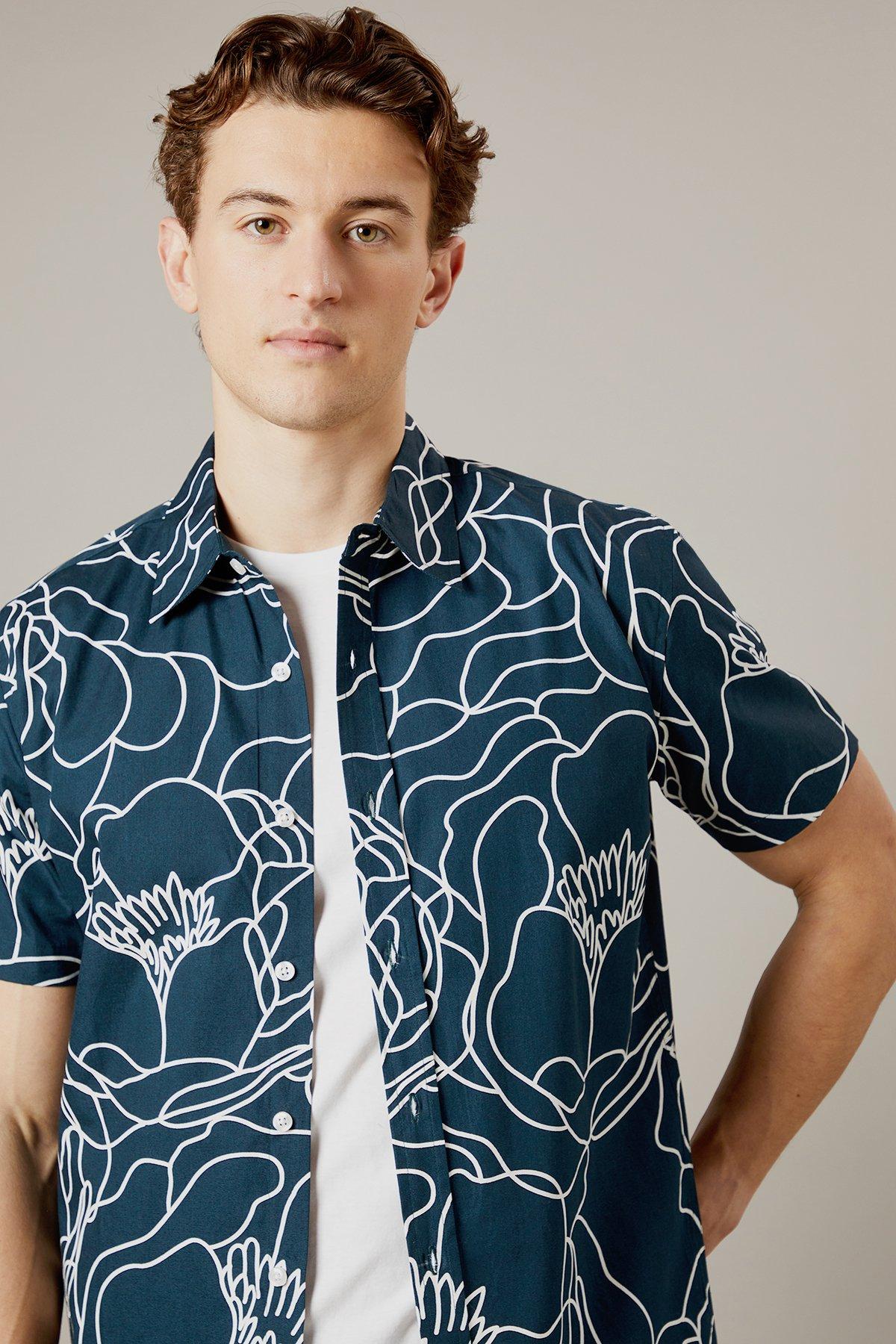Navy Sketch Floral Short Sleeve Shirt