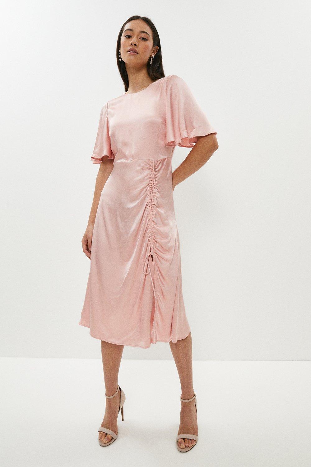 Satin Angel Sleeve Ruched Detail Dress - Pink
