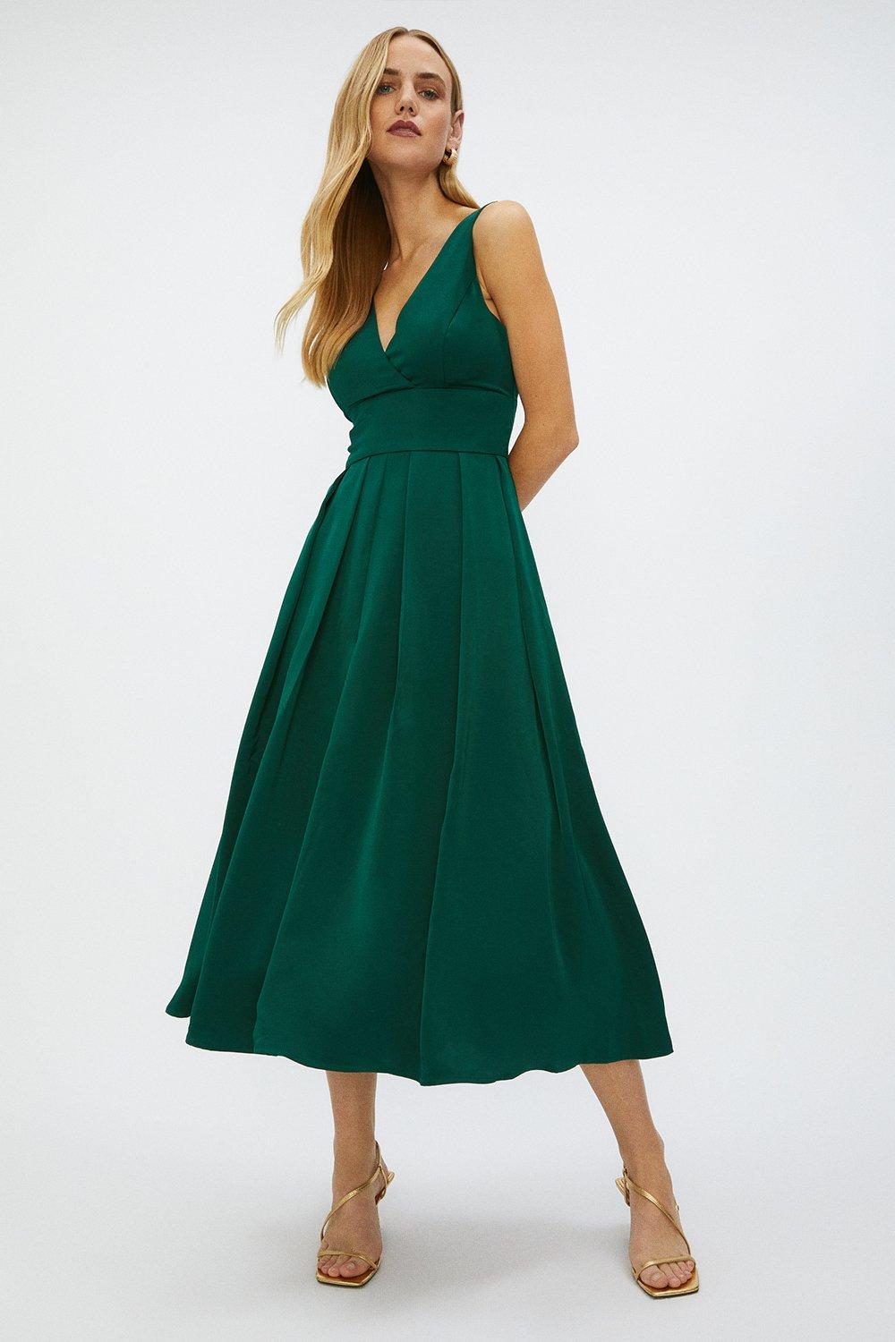 Full Skirted Satin Midi Dress - Green