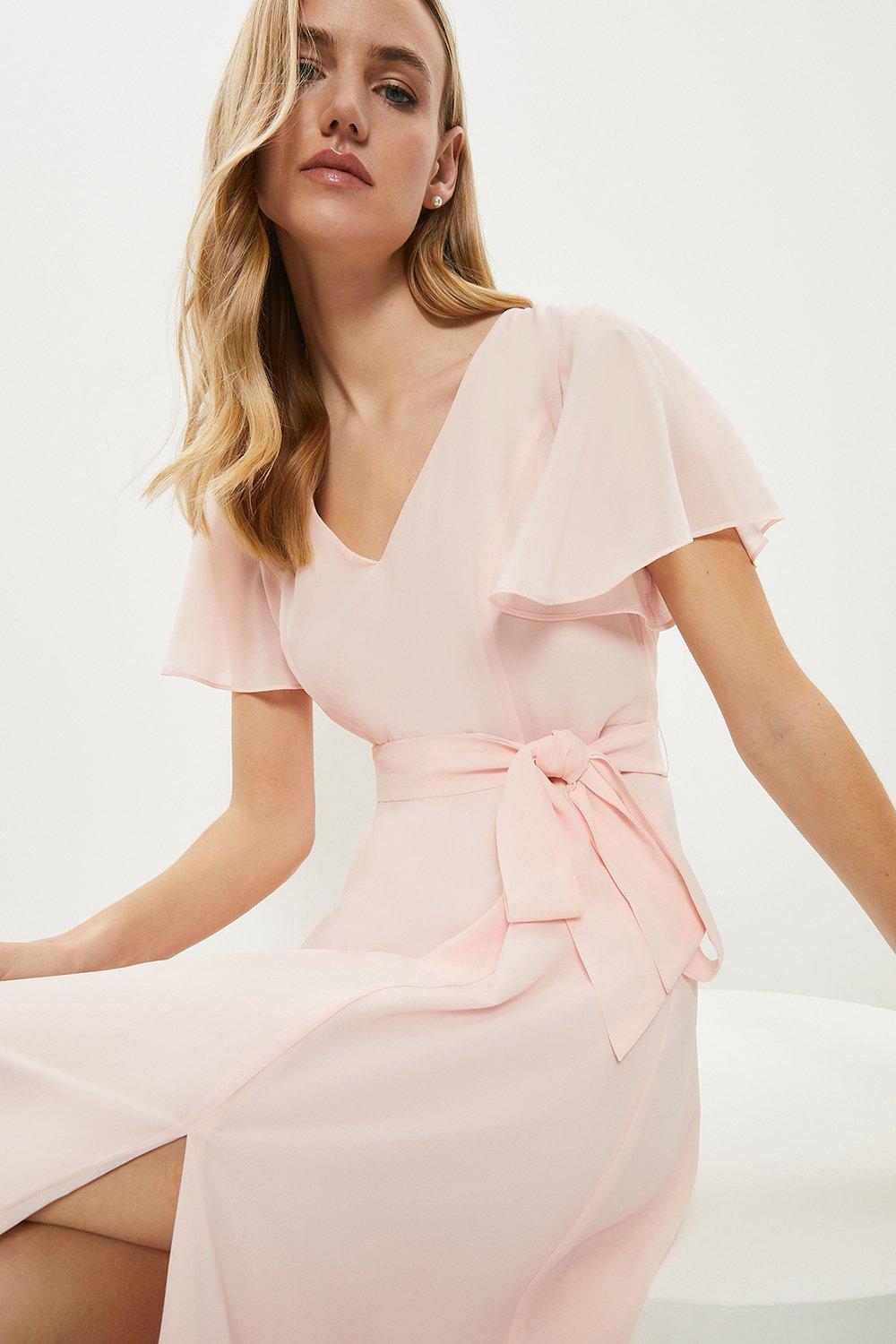 Angel Sleeve Split Front Tie Waist Maxi Dress - Pink