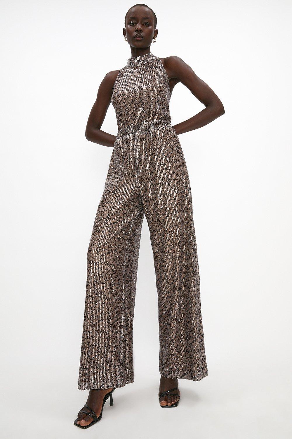 Animal Print Sequin Wide Leg Trousers - Natural