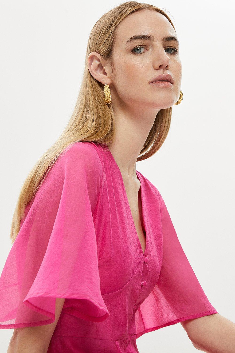 Angel Sleeve Button Through Midaxi Dress - Pink
