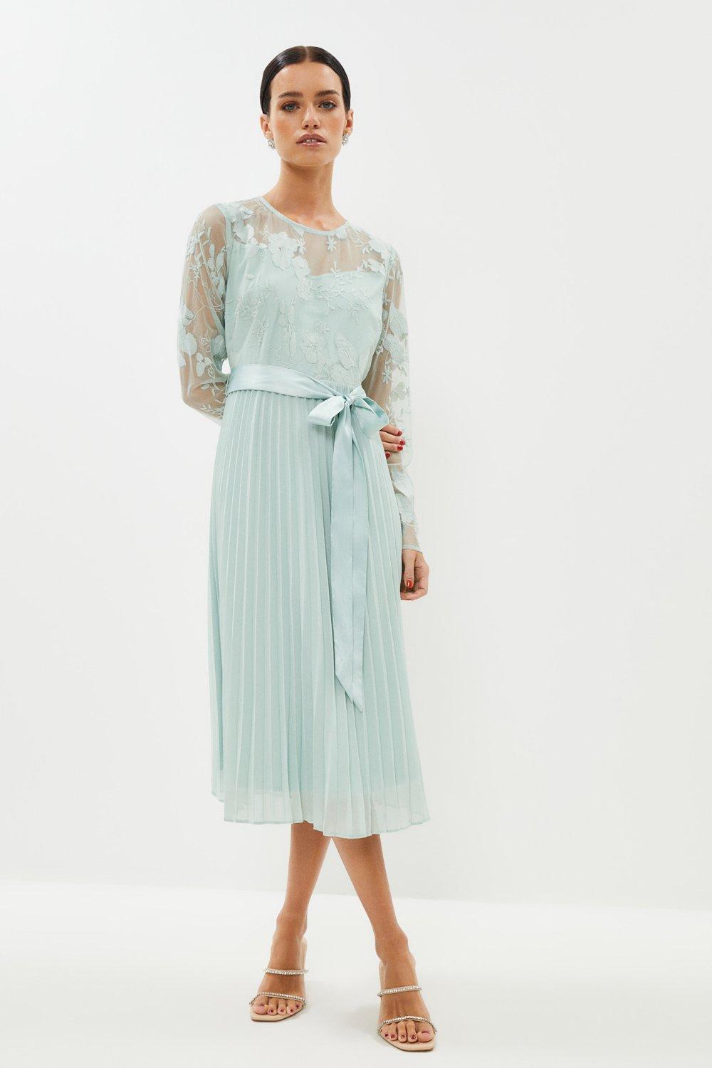 Petite Embroidered Pleated Skirt Midi Dress - Sage