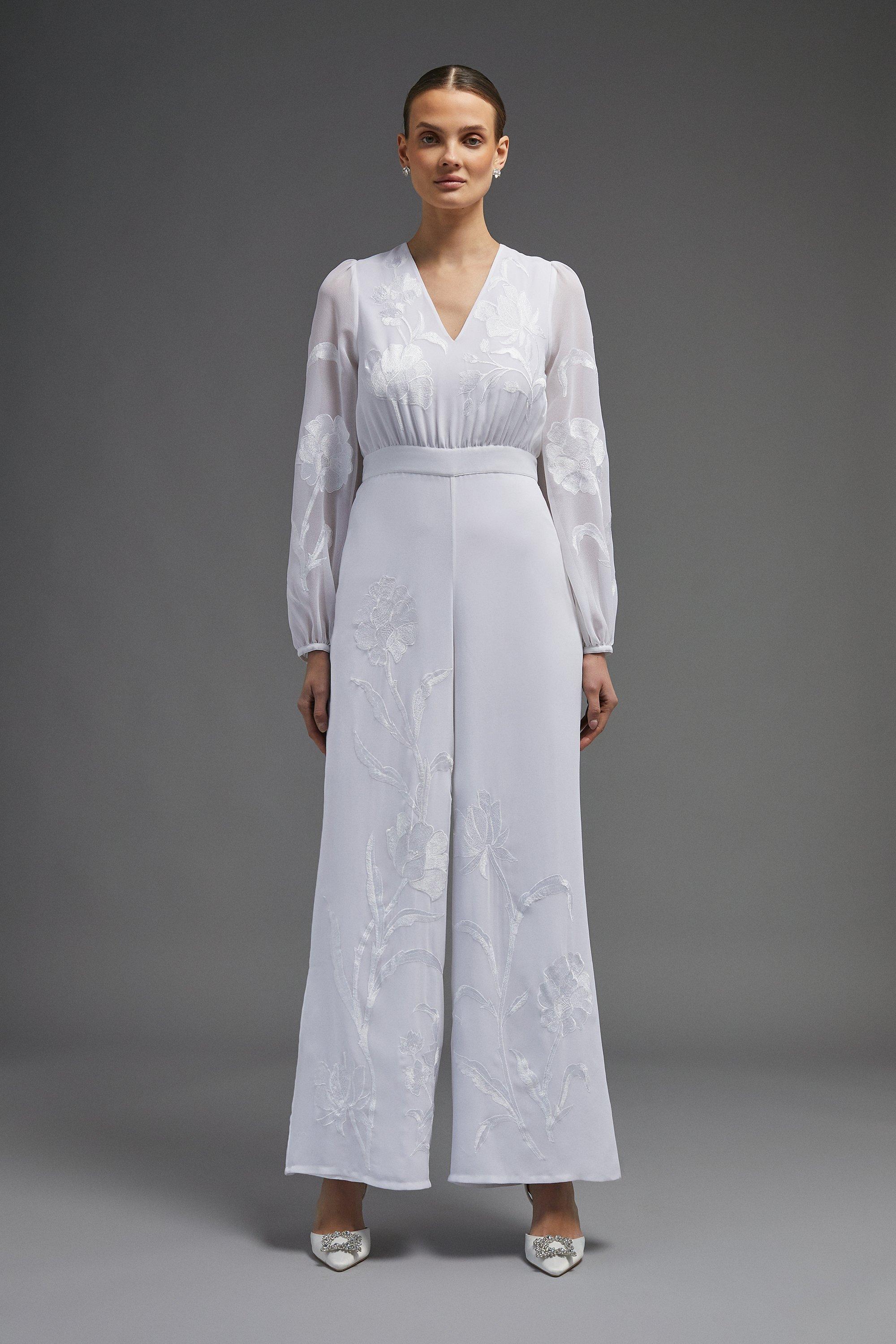 Embroidered Satin Jumpsuit - Ivory