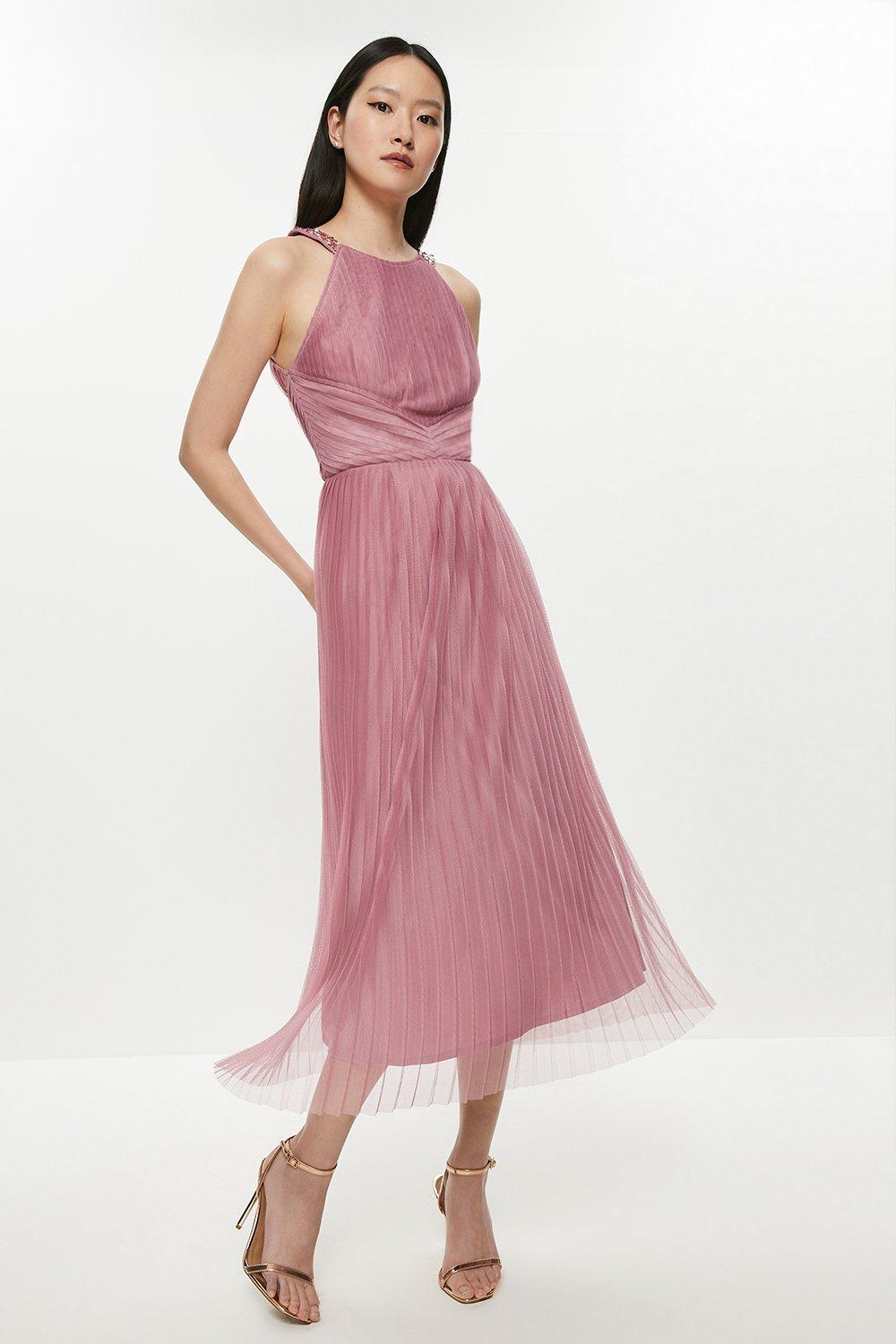 All Over Pleated Midi Dress - Pink