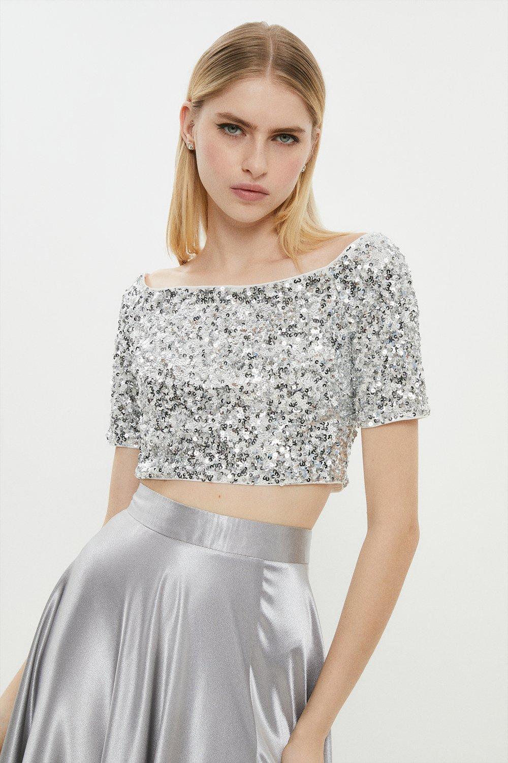 Sequin Bardot Top - Silver