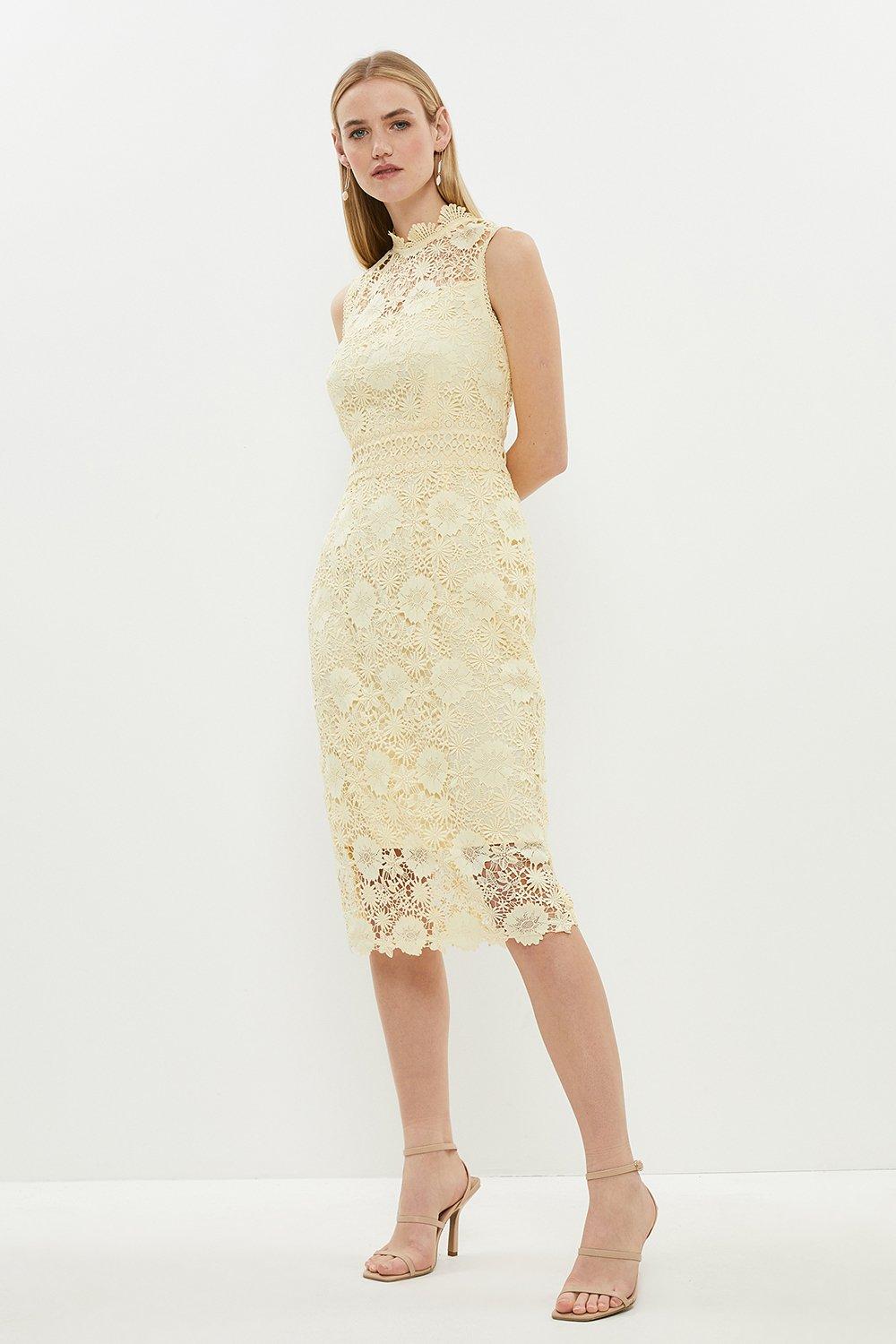 Lace Open Back Pencil Dress - Yellow