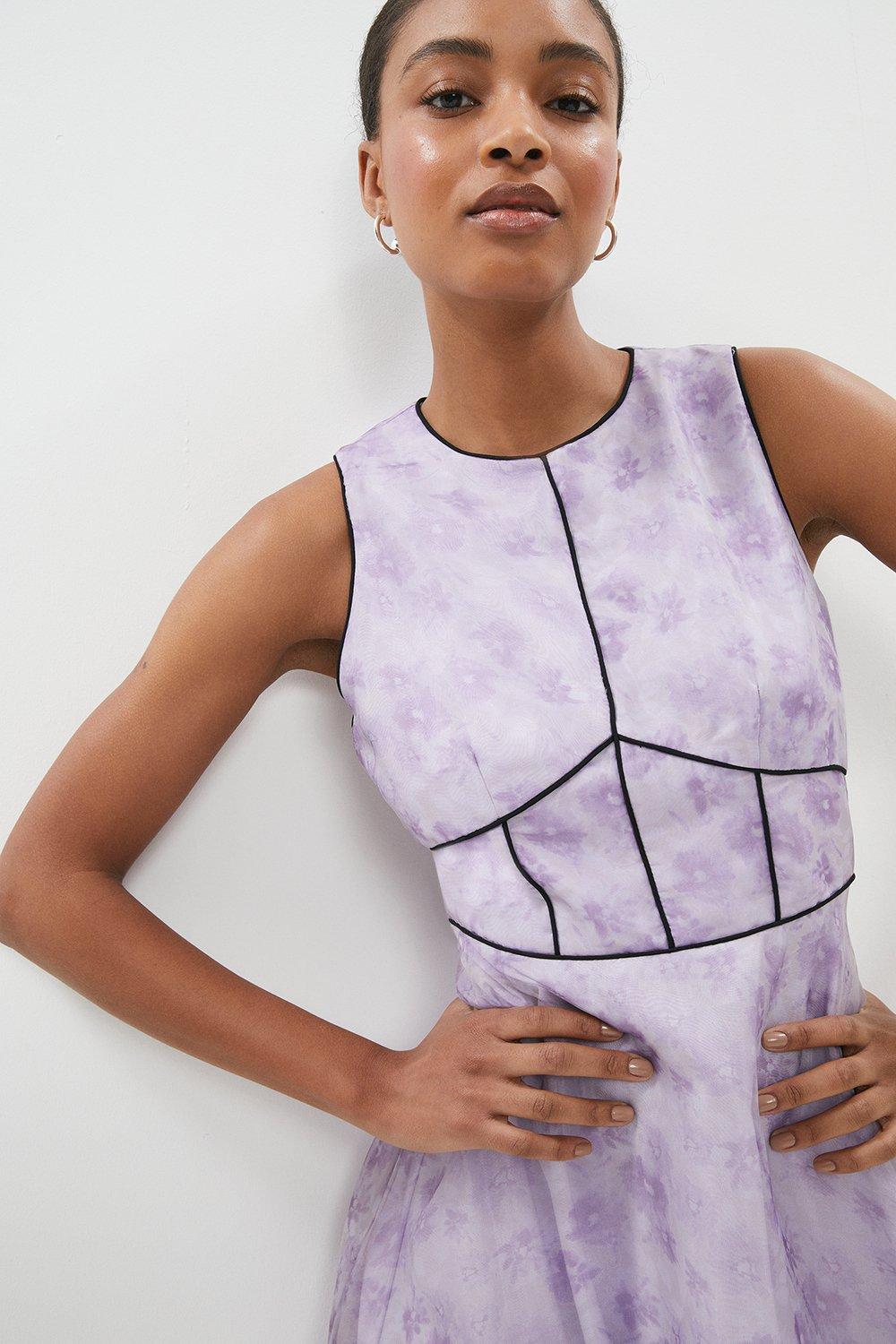 A Line Midi Dress With Piping Detail - Lilac