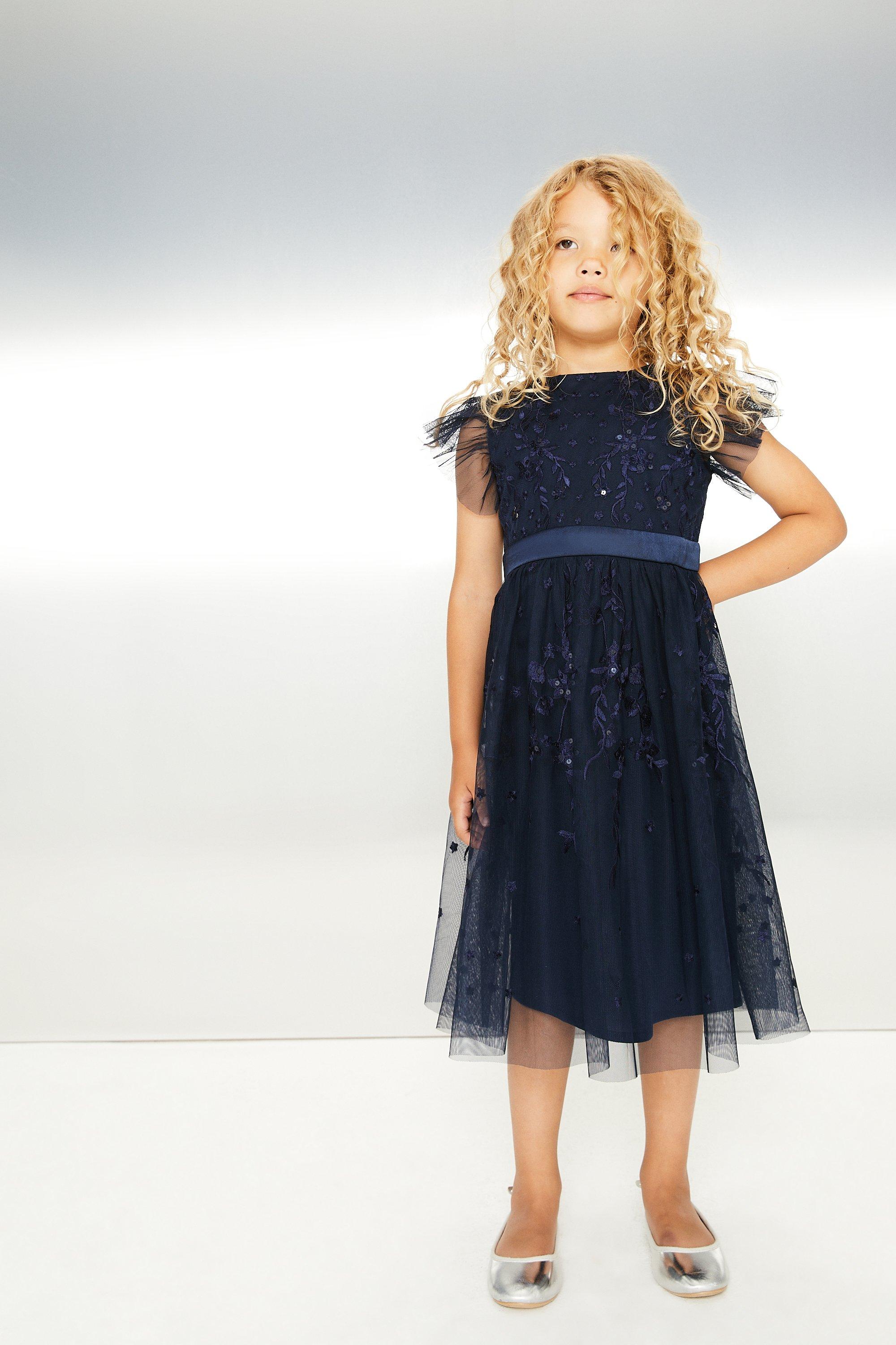 Girls All Over Embroidered Frill Sleeve Dress - Navy