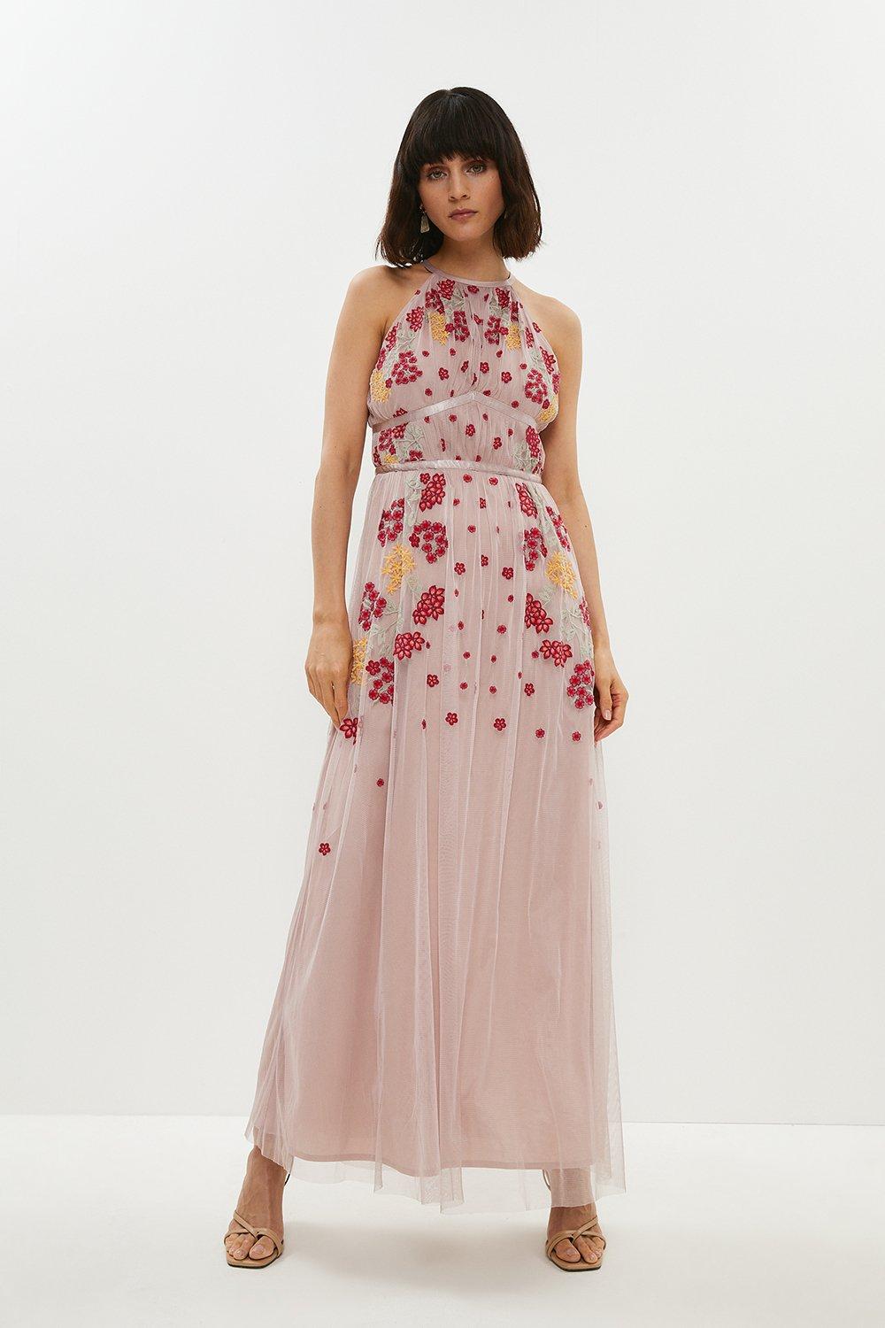 Embroidered Halter Neck Maxi Dress - Pink