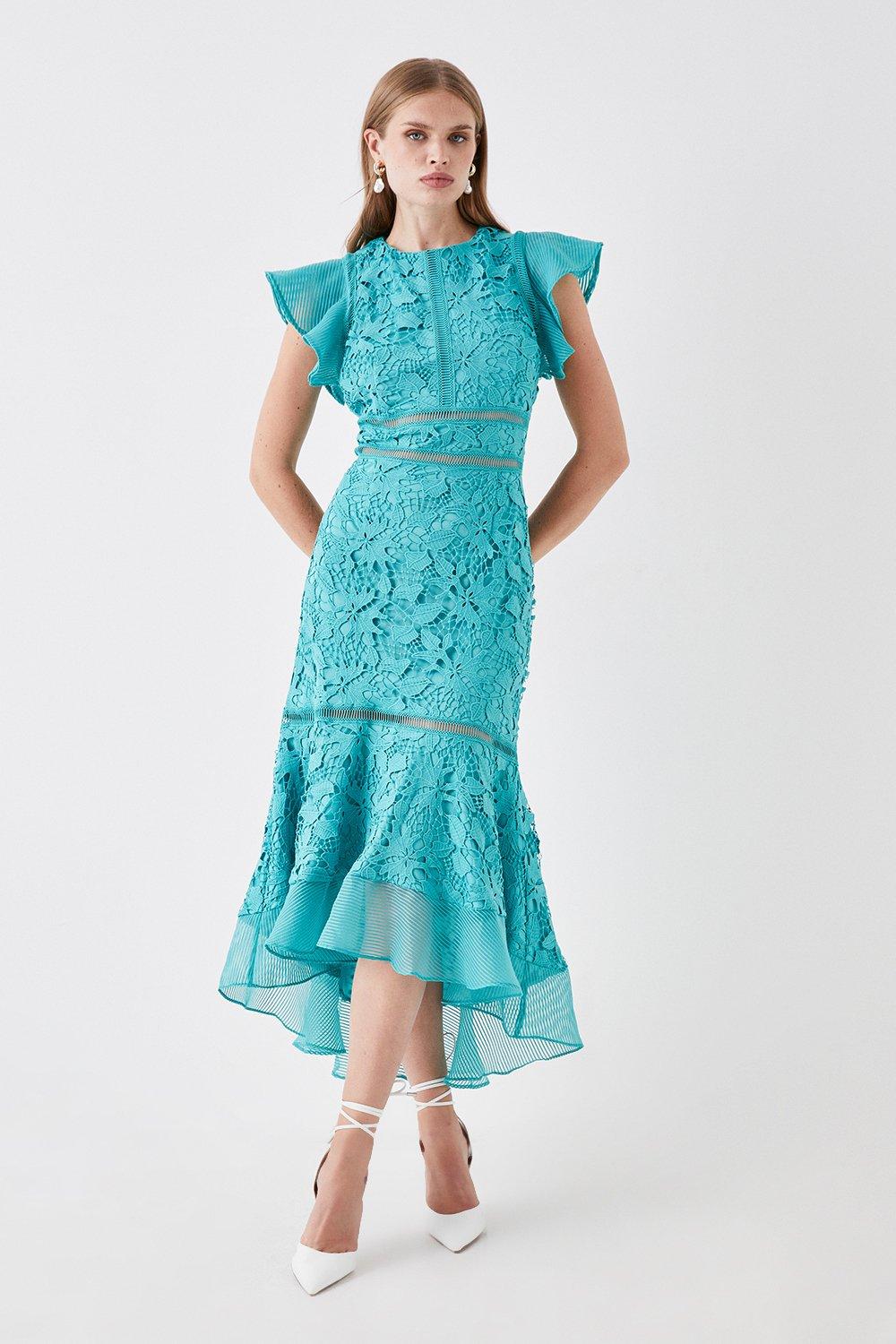 Organza Hem And Sleeve Lace Dress - Blue